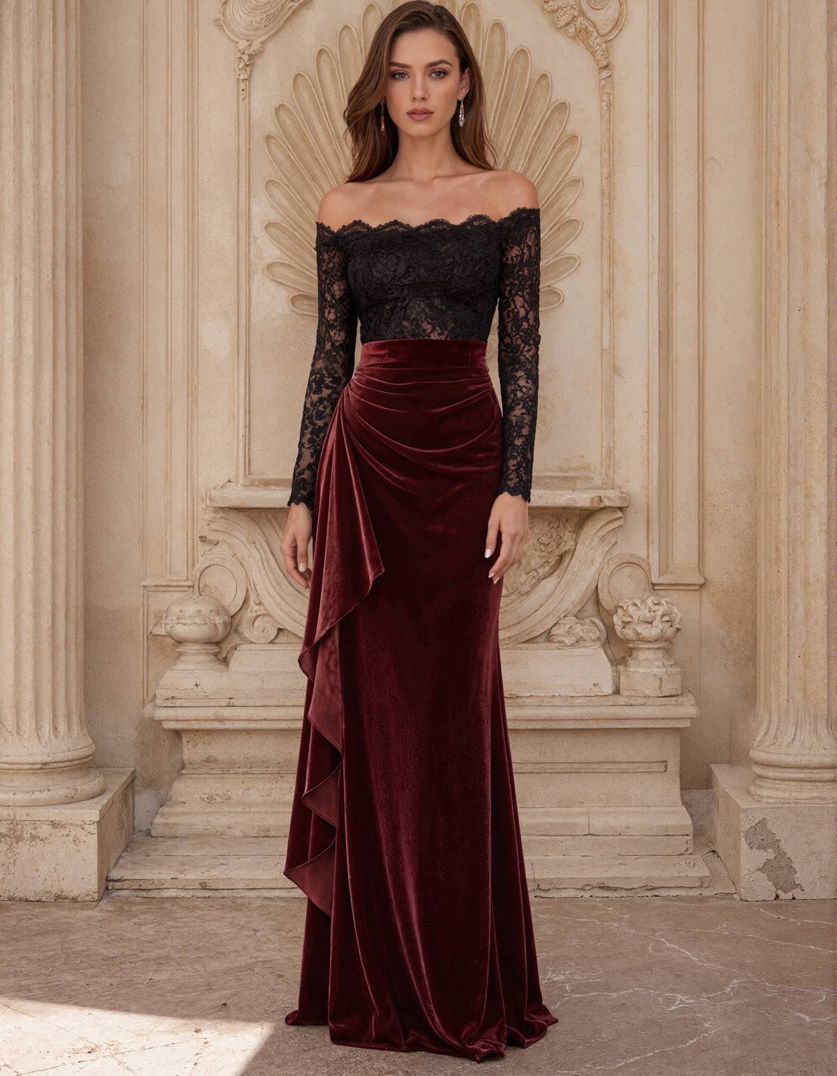 Black Lace Spliced With Burgundy Velvet Maxi Dress