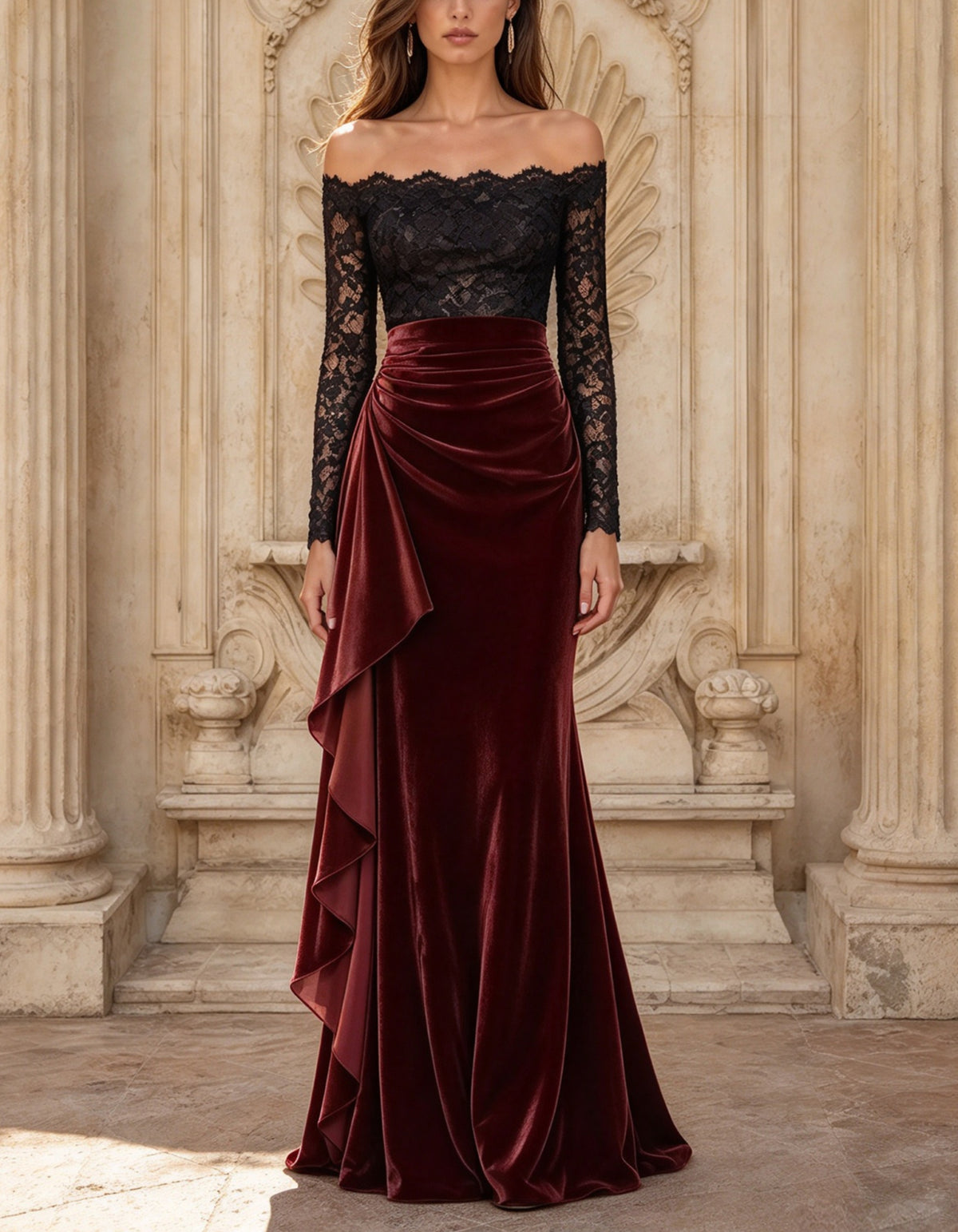 Black Lace Spliced With Burgundy Velvet Maxi Dress