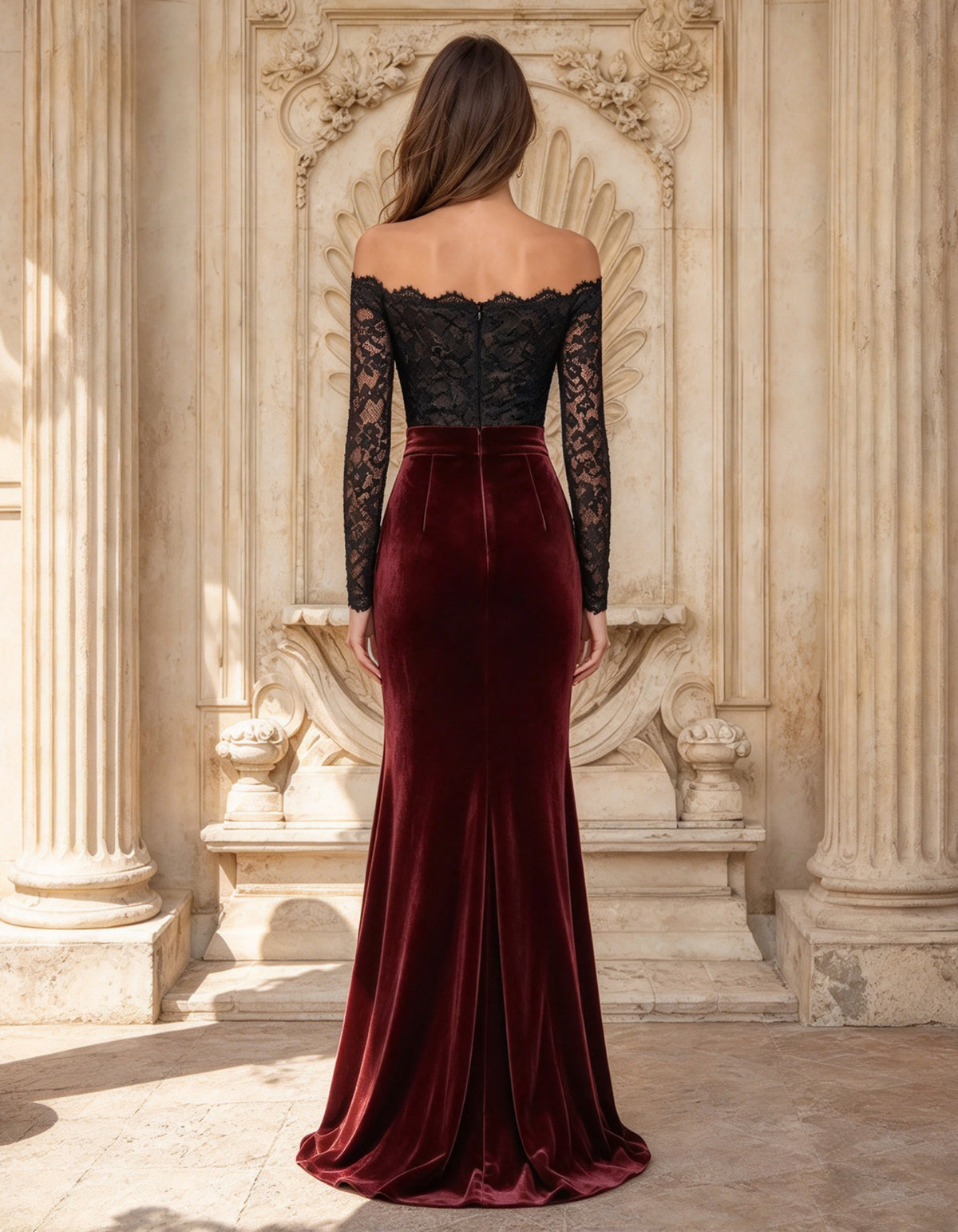 Black Lace Spliced With Burgundy Velvet Maxi Dress