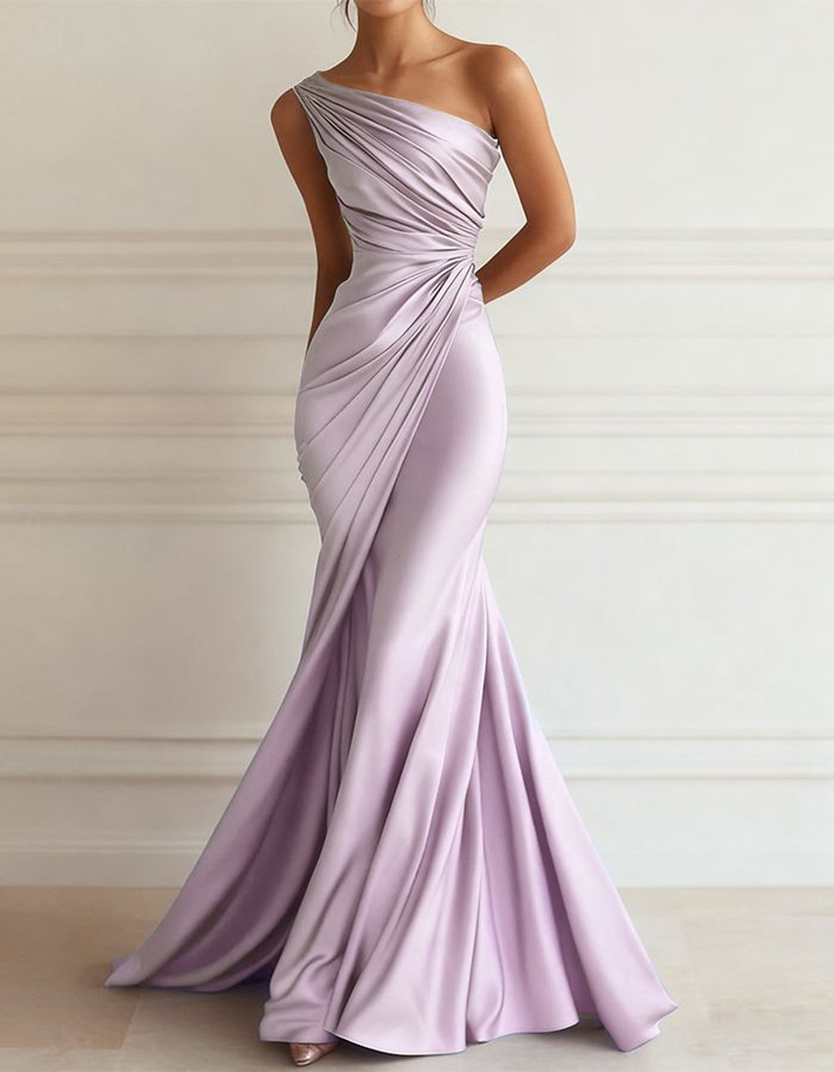 One-shoulder Stretch Satin Pleats Maxi Dress