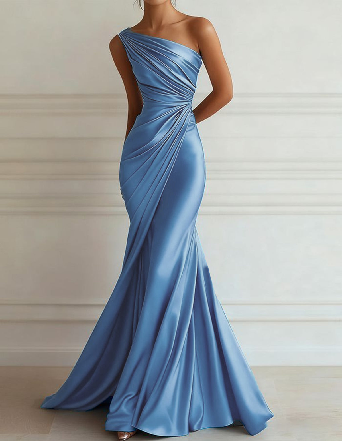 One-shoulder Stretch Satin Pleats Maxi Dress