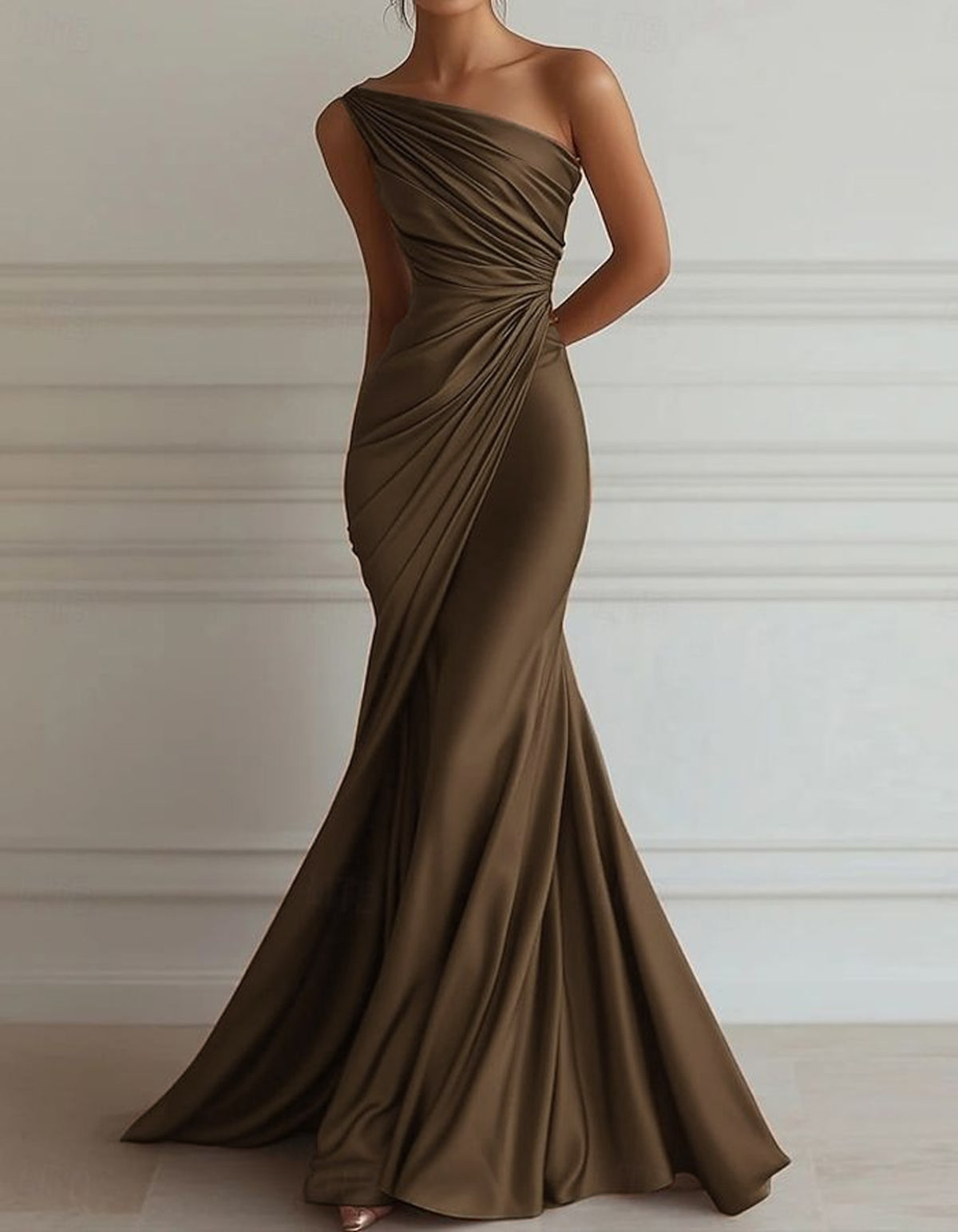 One-shoulder Stretch Satin Pleats Maxi Dress