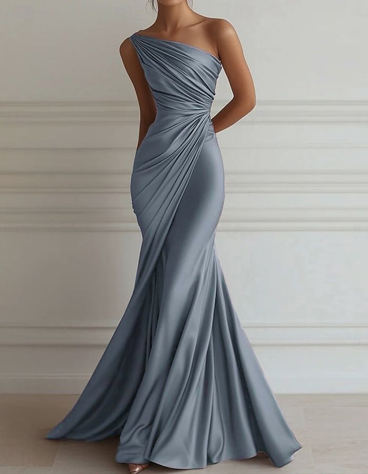 One-shoulder Stretch Satin Pleats Maxi Dress