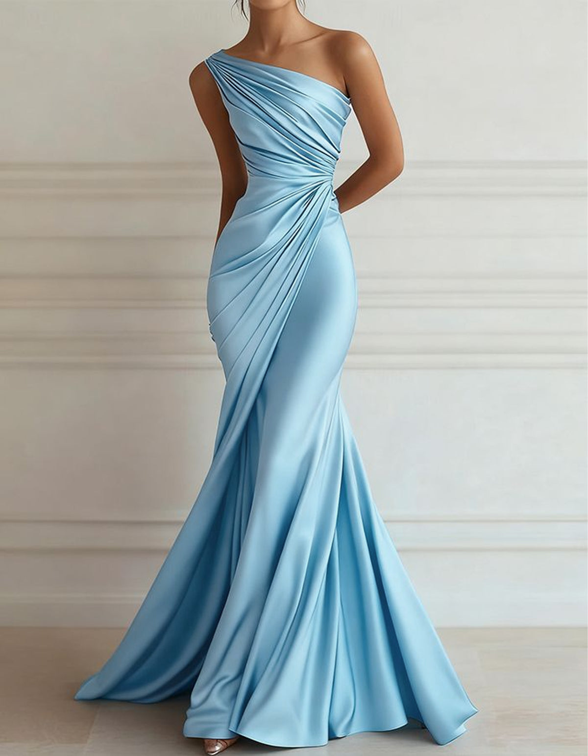 One-shoulder Stretch Satin Pleats Maxi Dress