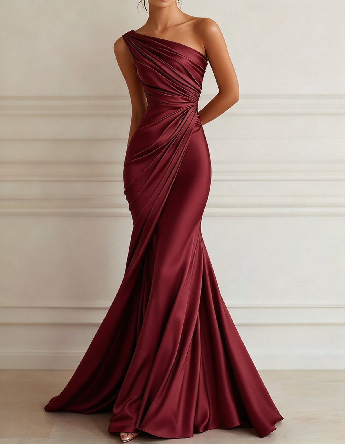 One-shoulder Stretch Satin Pleats Maxi Dress