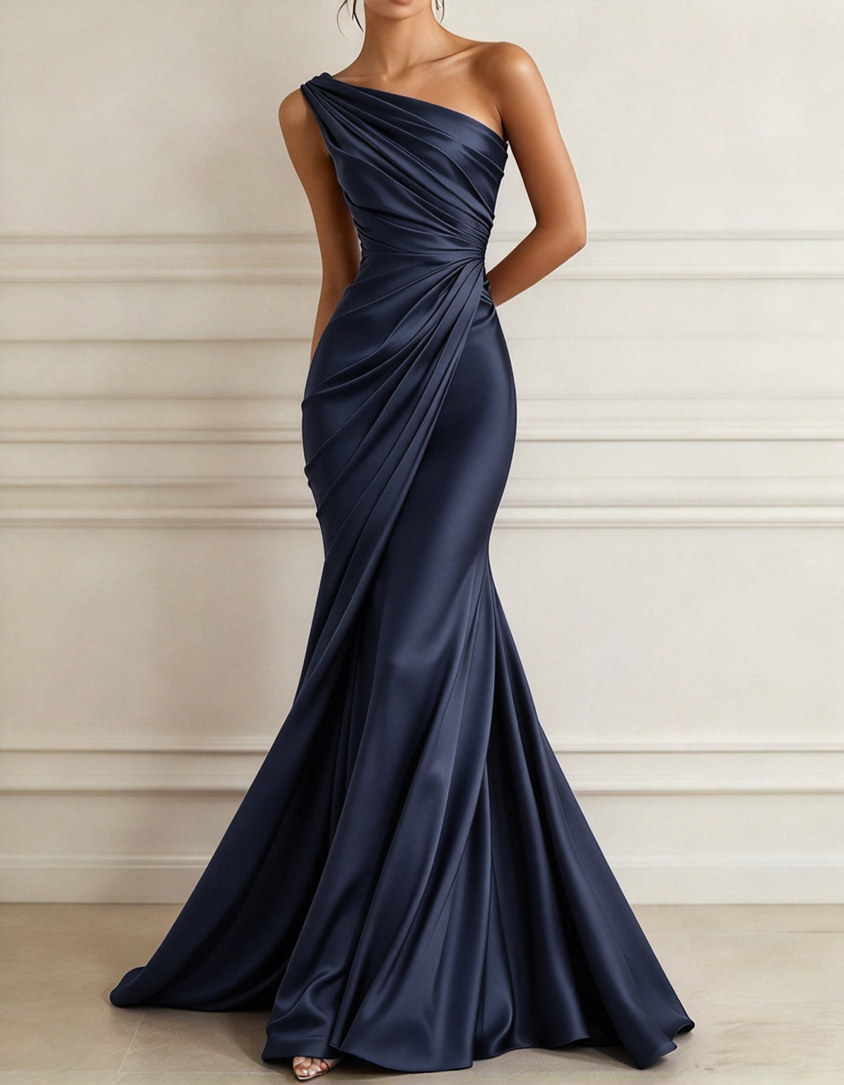 One-shoulder Stretch Satin Pleats Maxi Dress