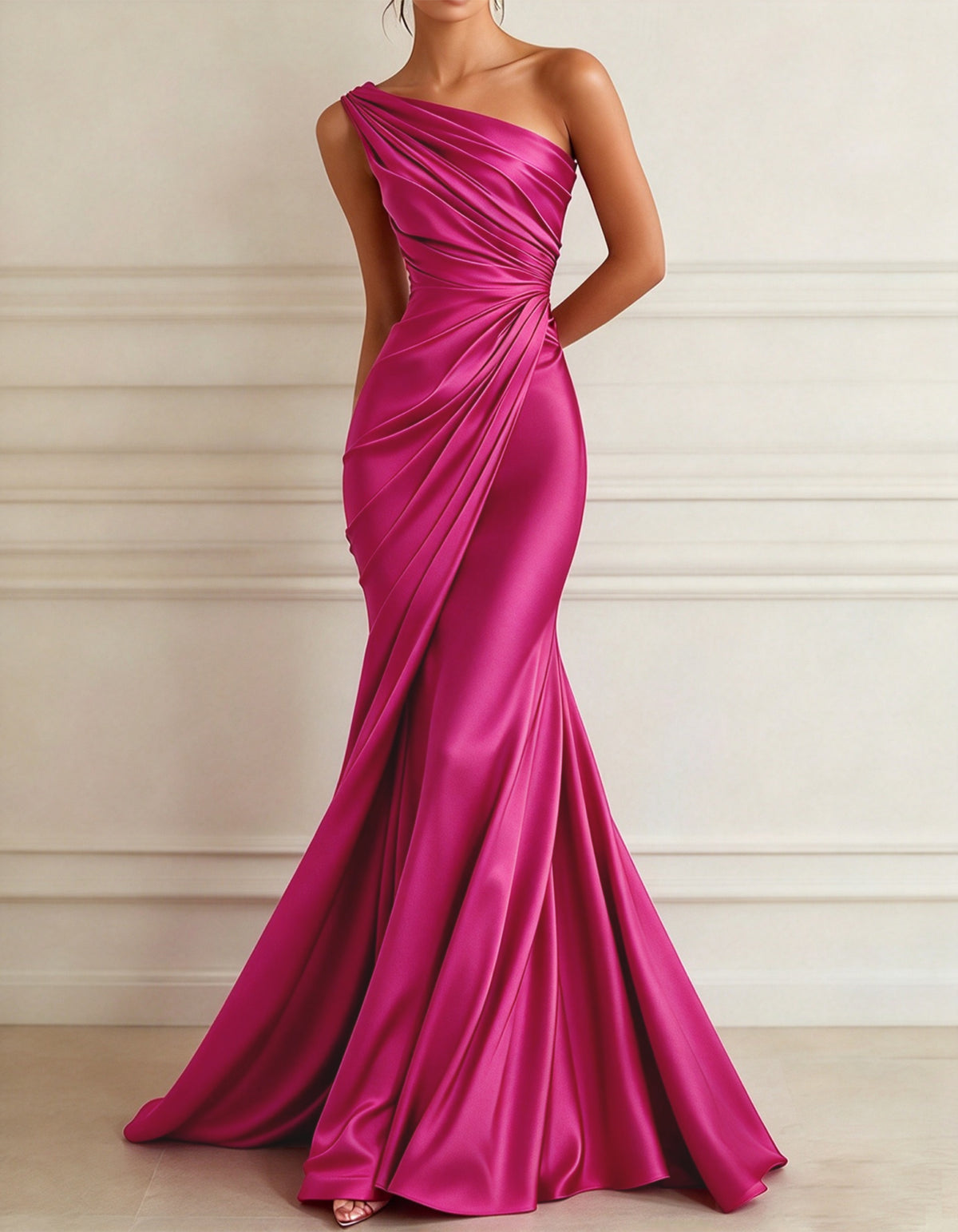 One-shoulder Stretch Satin Pleats Maxi Dress