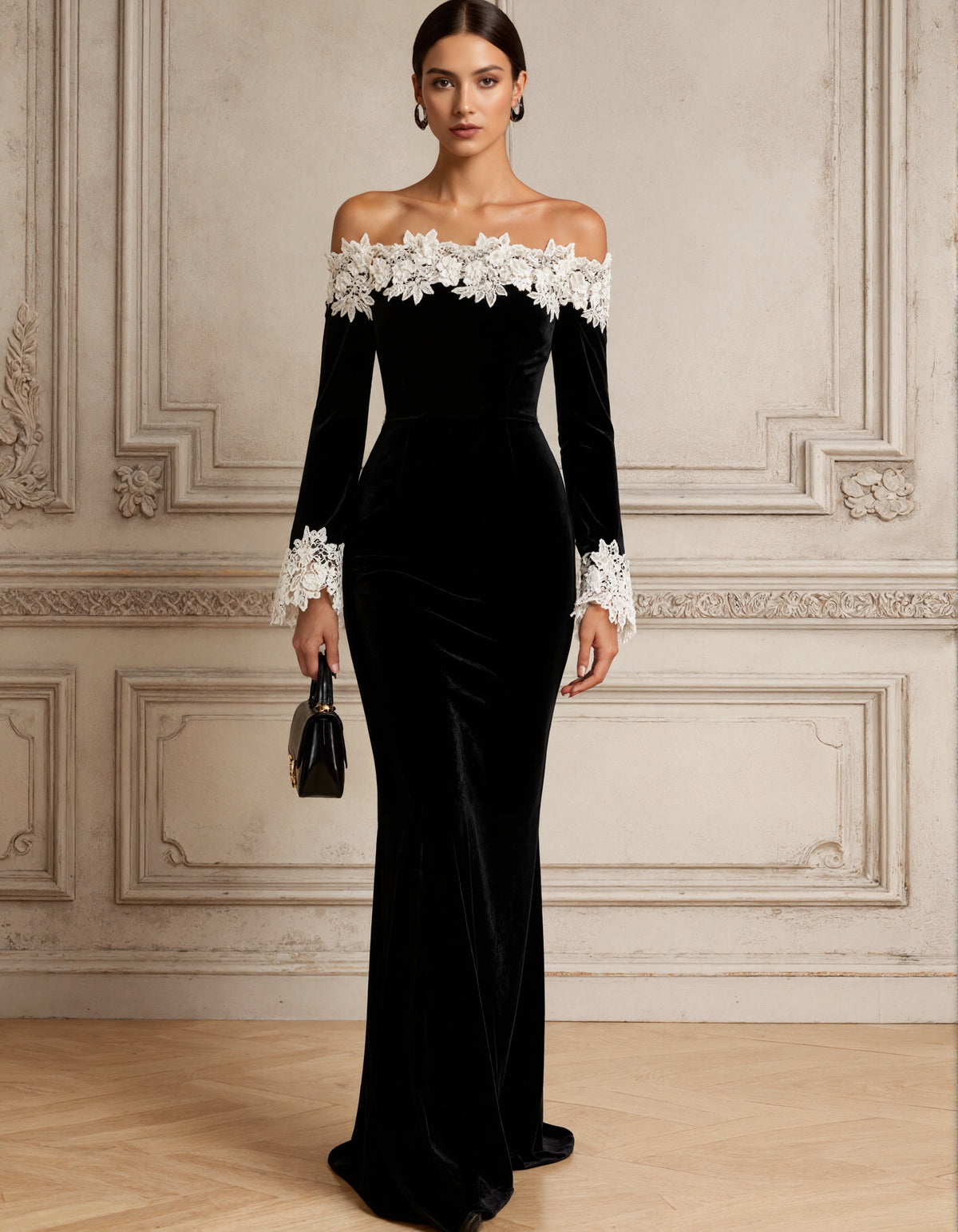Black Velvet Off The Shoulder Mermaid With 3D Lace Maxi Dress