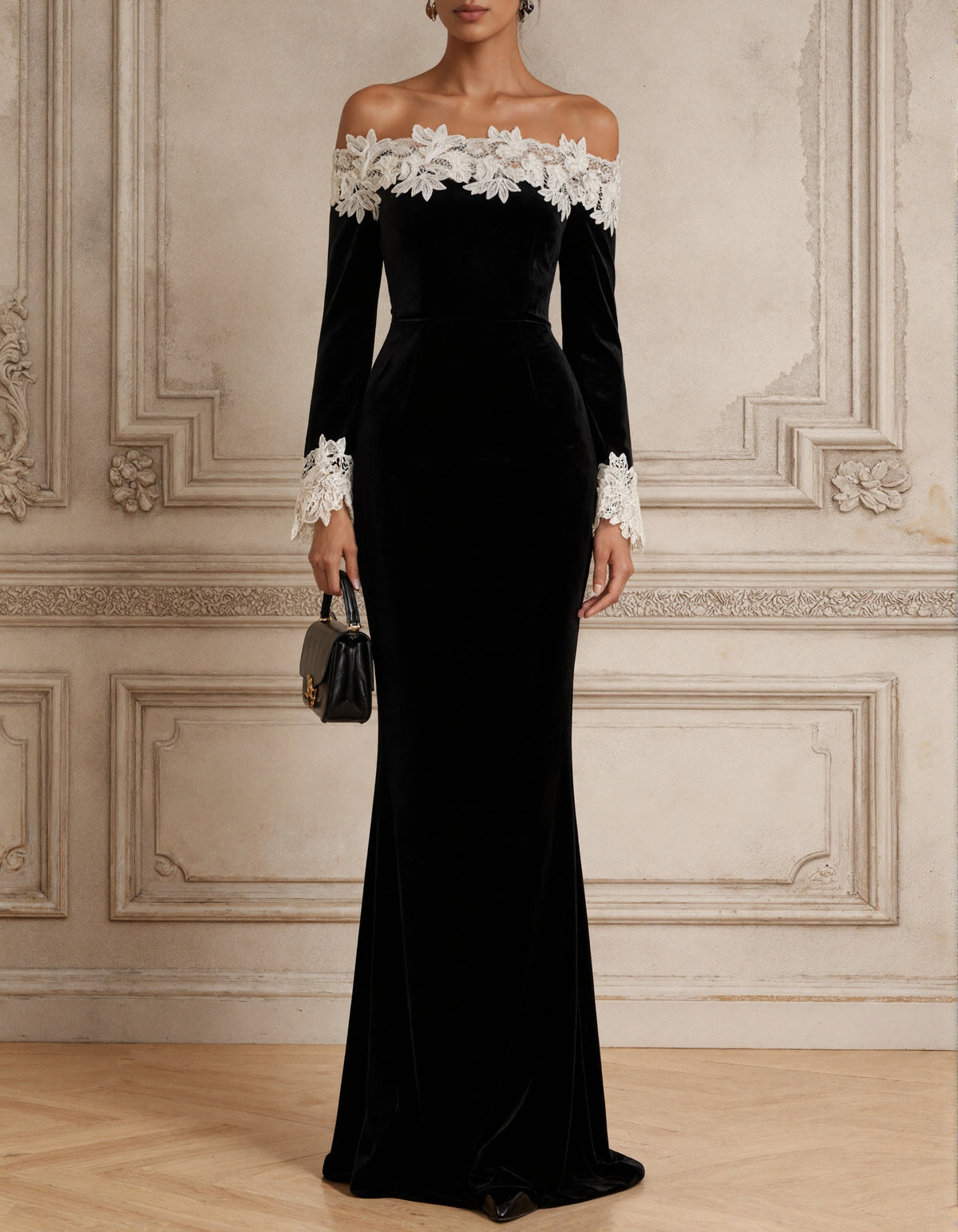 Black Velvet Off The Shoulder Mermaid With 3D Lace Maxi Dress