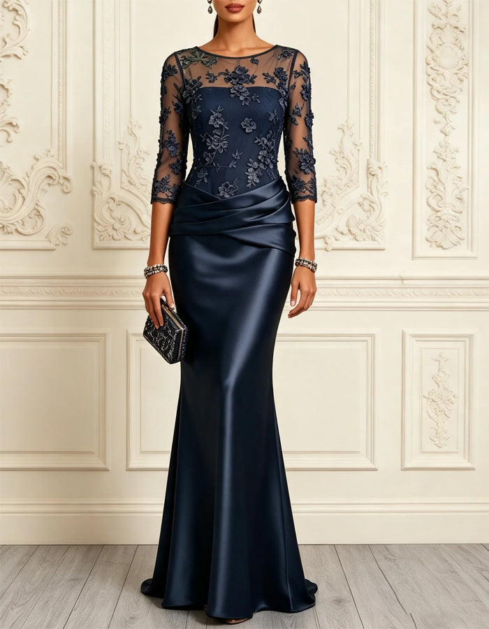 Dark Blue Lace And Satin Spliced Mermaid Style Maxi Dress
