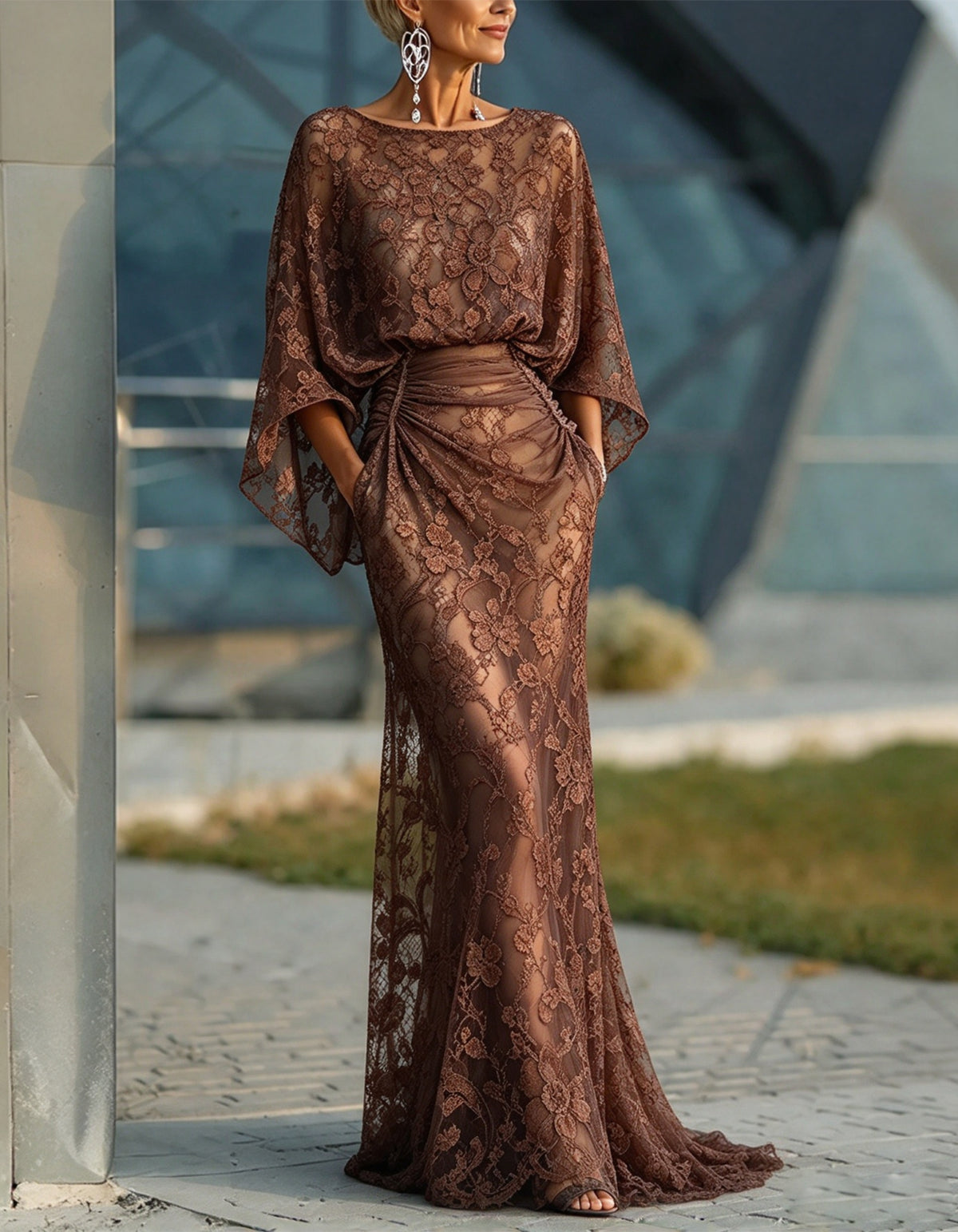 Brown Floral Lace Round Neck Batwing Sleeve Maxi Dress