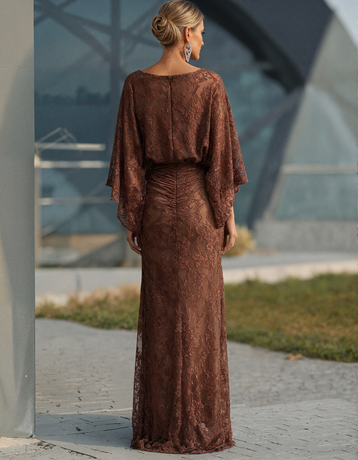 Brown Floral Lace Round Neck Batwing Sleeve Maxi Dress
