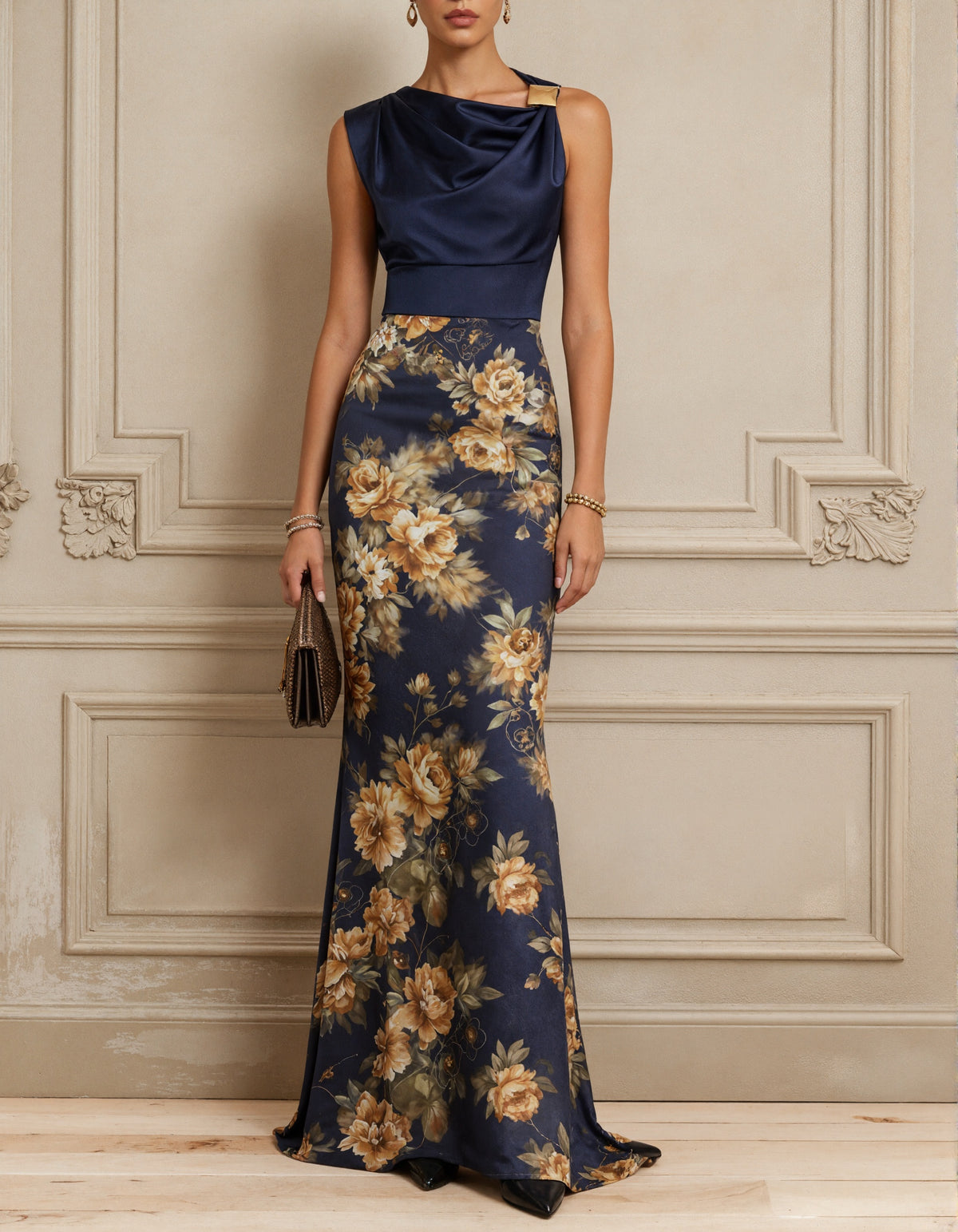 Dark Blue Printed Satin Mermaid Style Skirt Maxi Dress