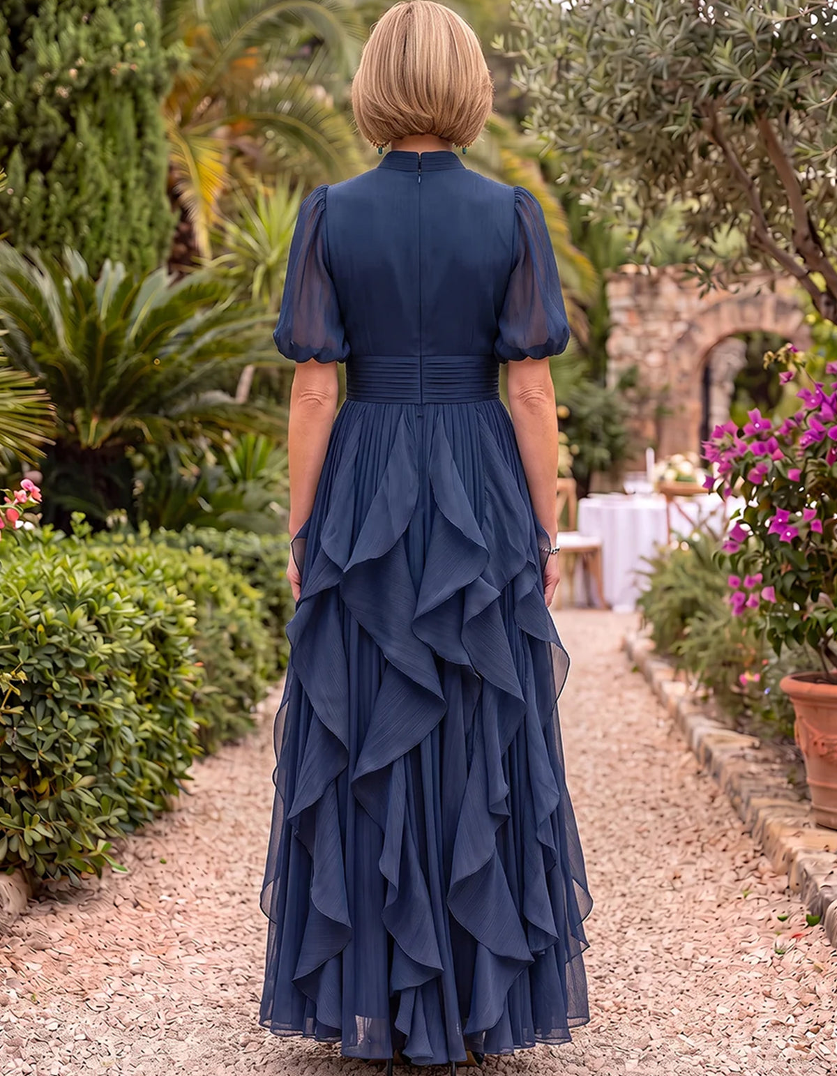 Chiffon High Neck Puff Short Sleeve Waistband Cascading Ruffle Maxi Dress