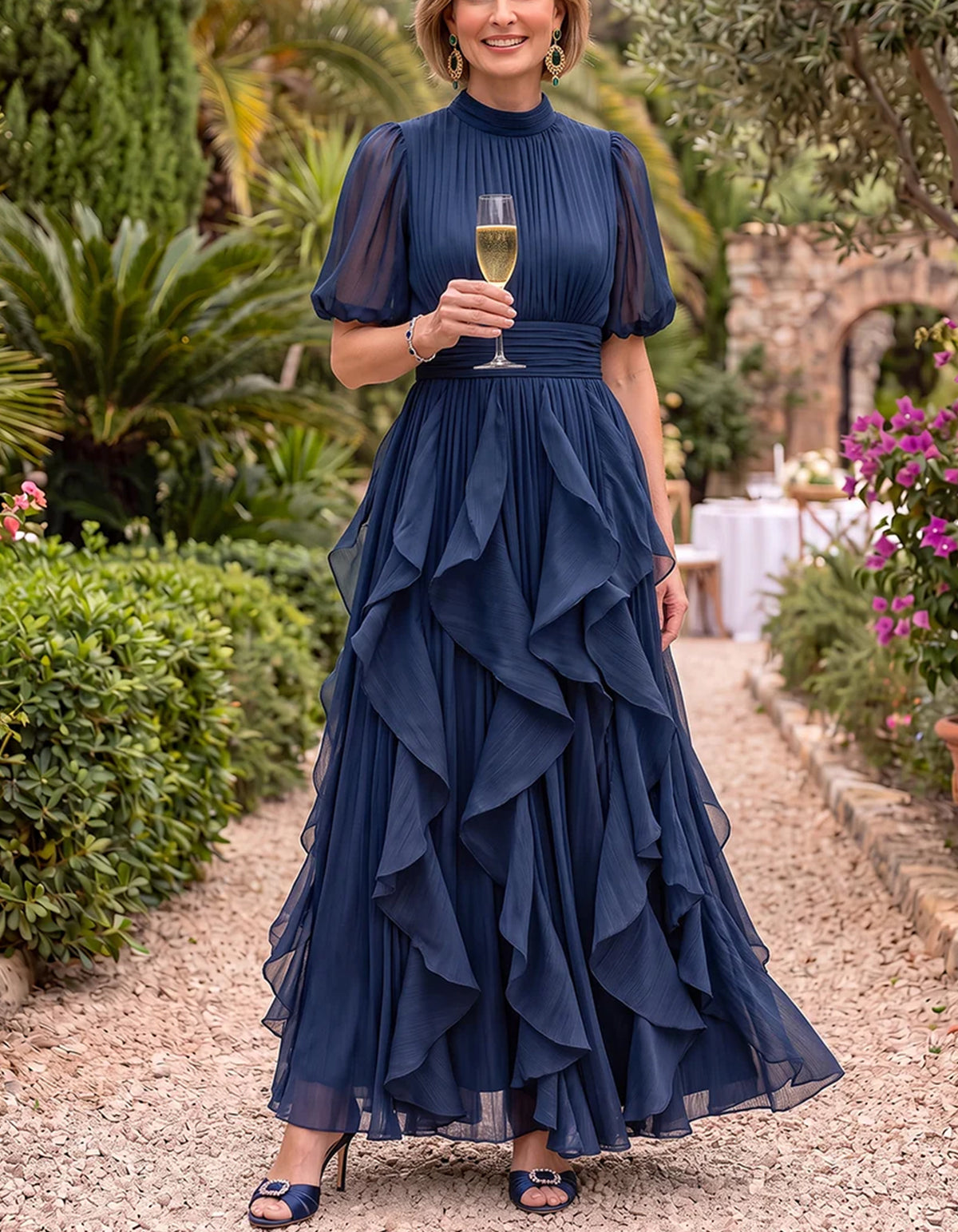 Chiffon High Neck Puff Short Sleeve Waistband Cascading Ruffle Maxi Dress