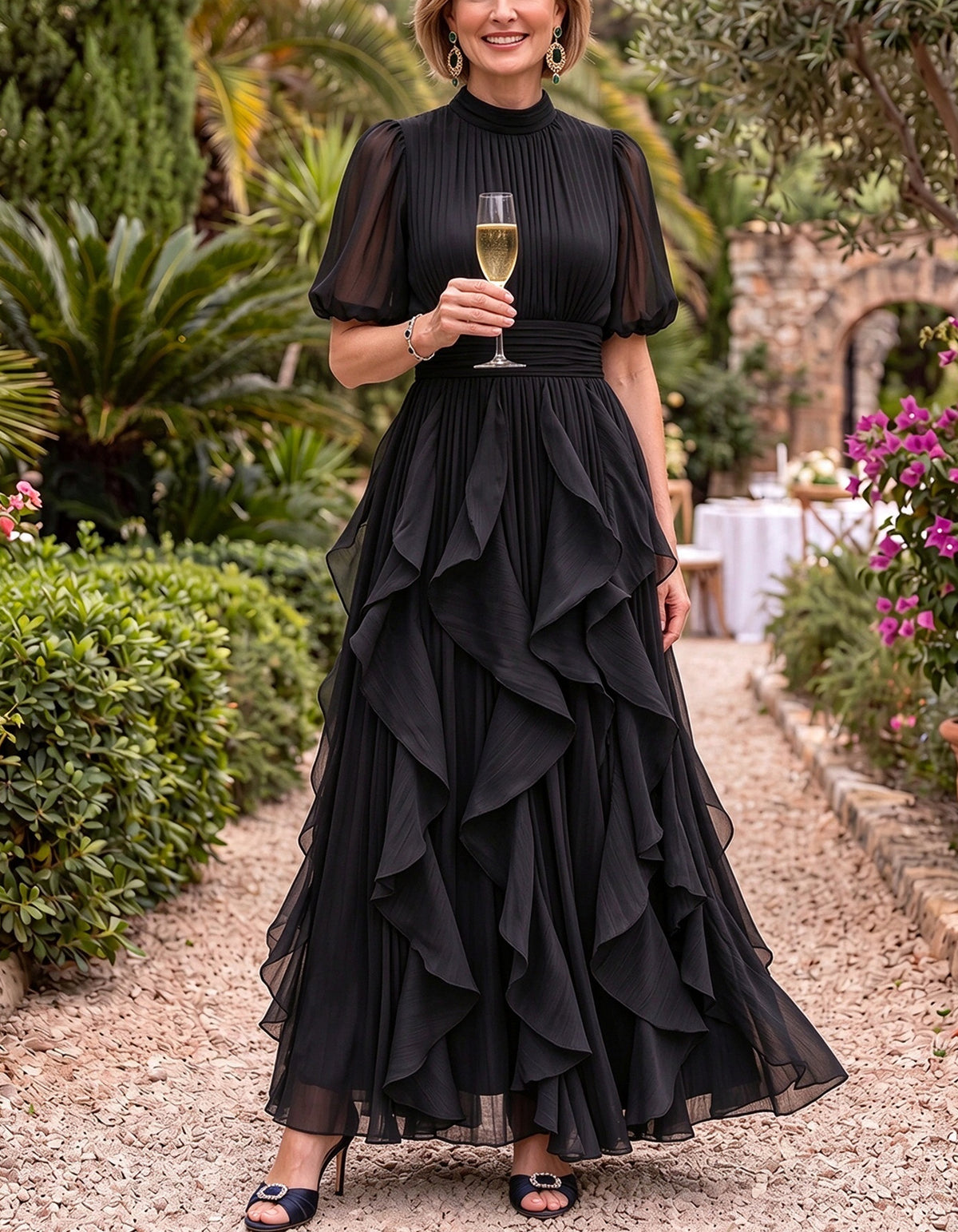 Chiffon High Neck Puff Short Sleeve Waistband Cascading Ruffle Maxi Dress