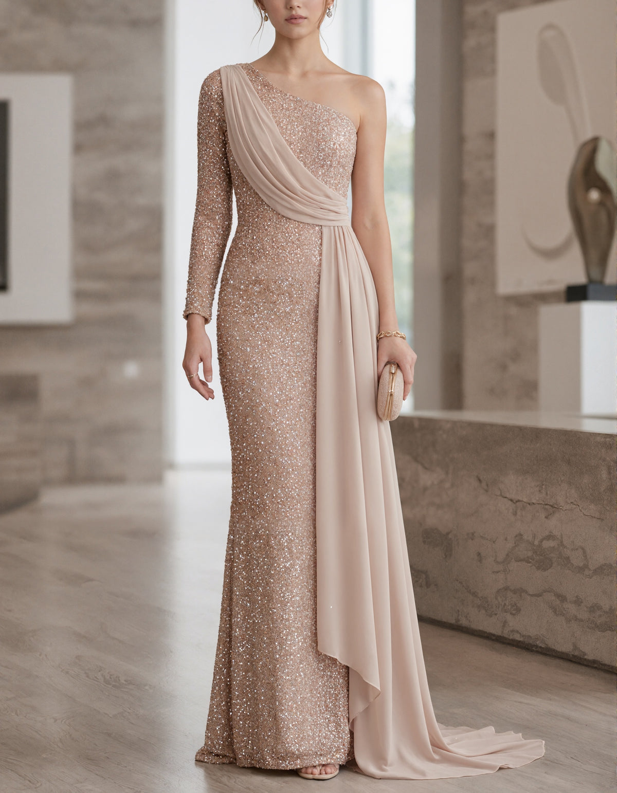 Light Champagne One Shoulder Sequin Mermaid Maxi Dress