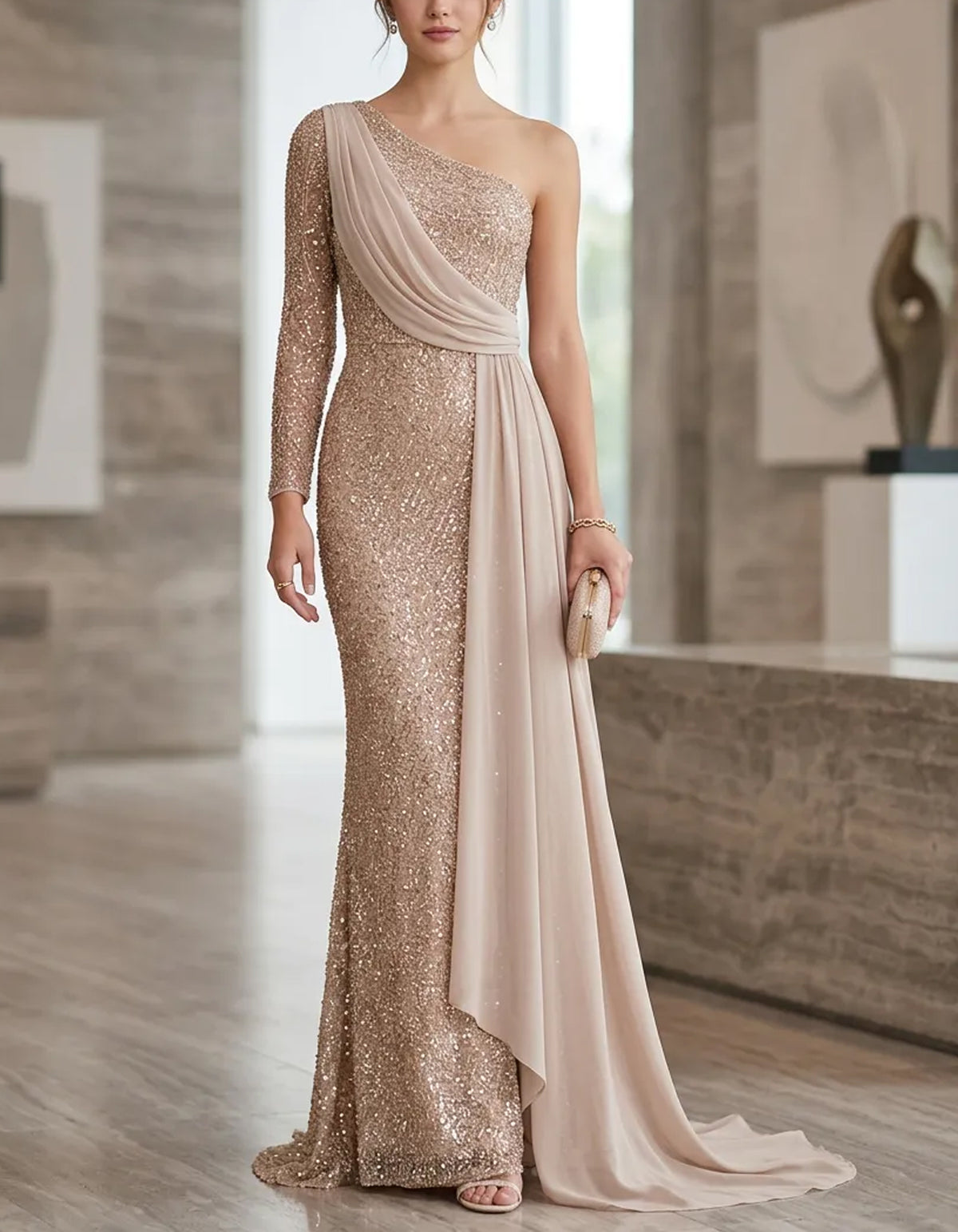 Light Champagne One Shoulder Sequin Mermaid Maxi Dress