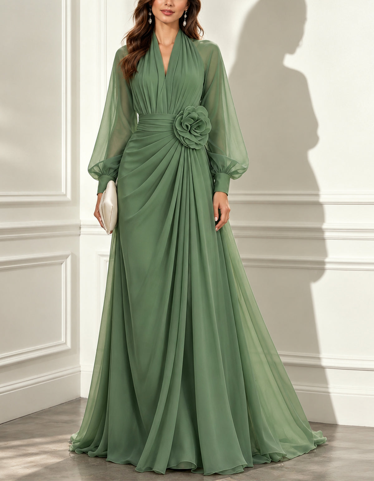 Sage Green Chiffon V-neck Long Sleeve  Maxi Dress