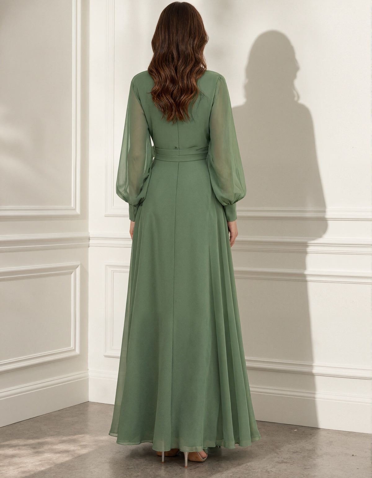 Sage Green Chiffon V-neck Long Sleeve  Maxi Dress