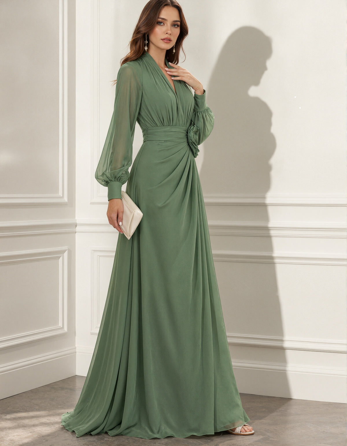 Sage Green Chiffon V-neck Long Sleeve  Maxi Dress