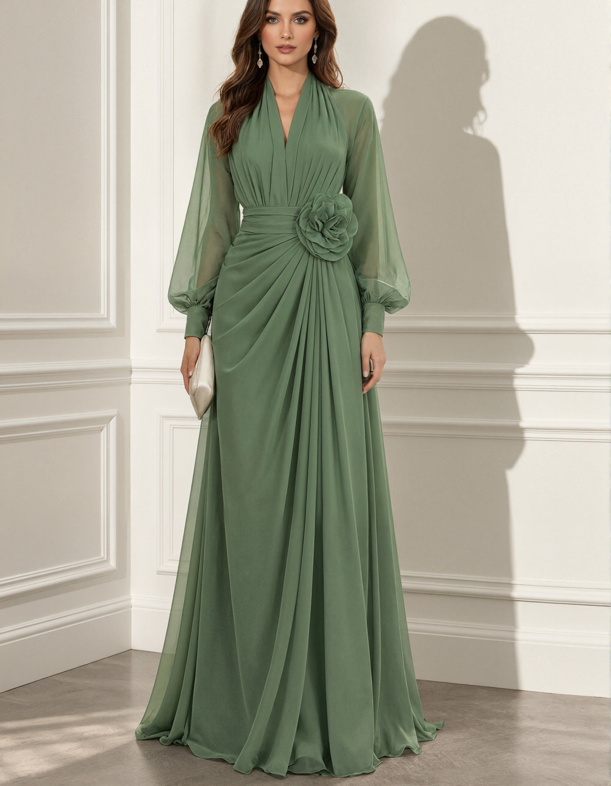 Sage Green Chiffon V-neck Long Sleeve  Maxi Dress