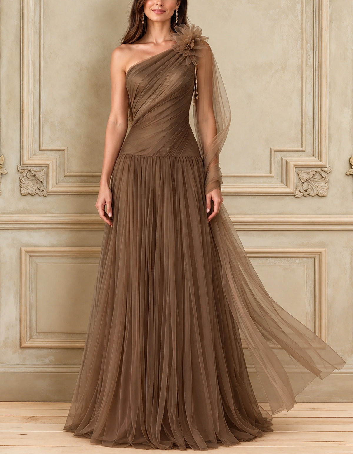 Brown A-line Tulle With One Shoulder Design Maxi Dress