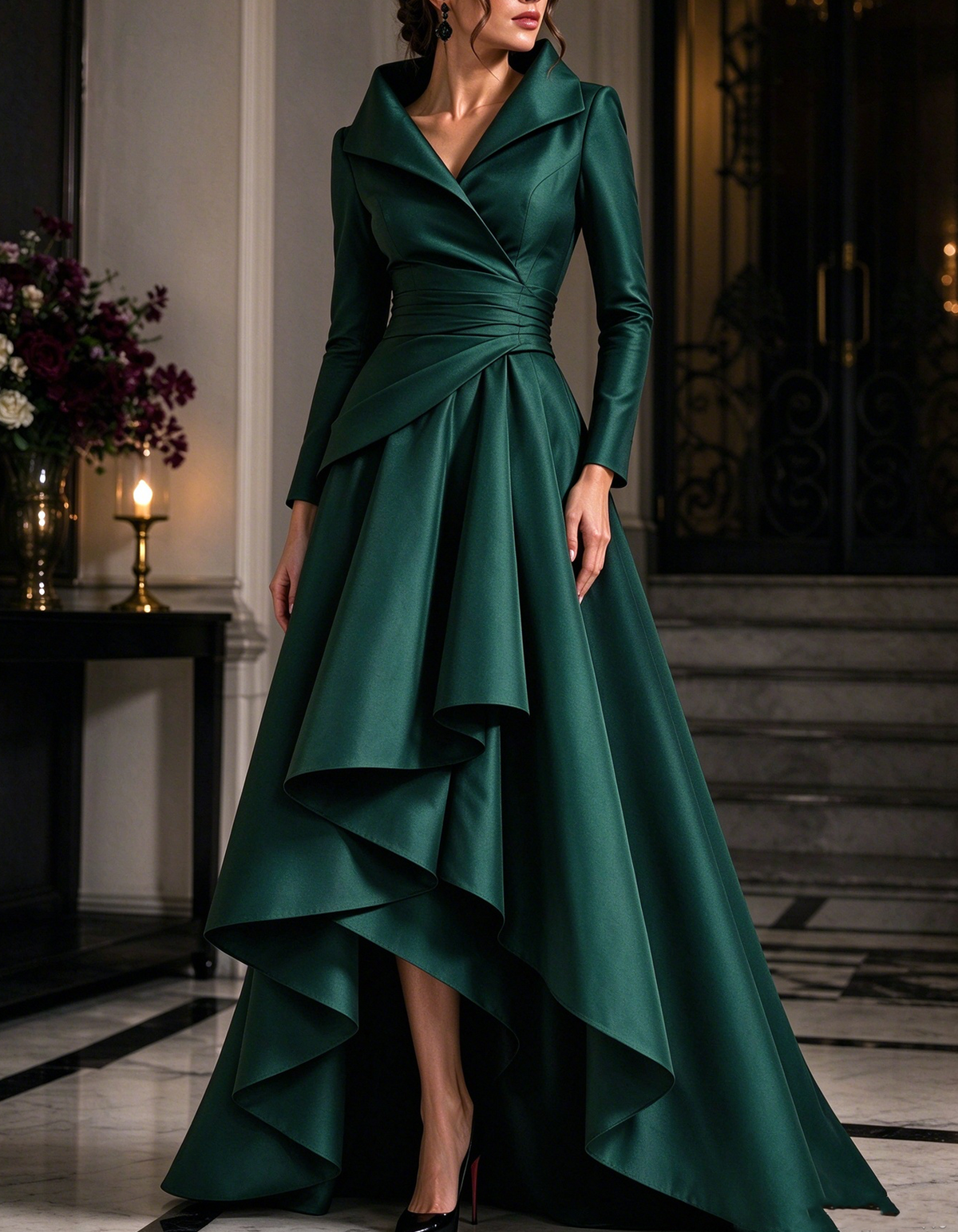 Lapel Collar Wrap Satin Long Sleeve Asymmetrical Ruffled Maxi Dress