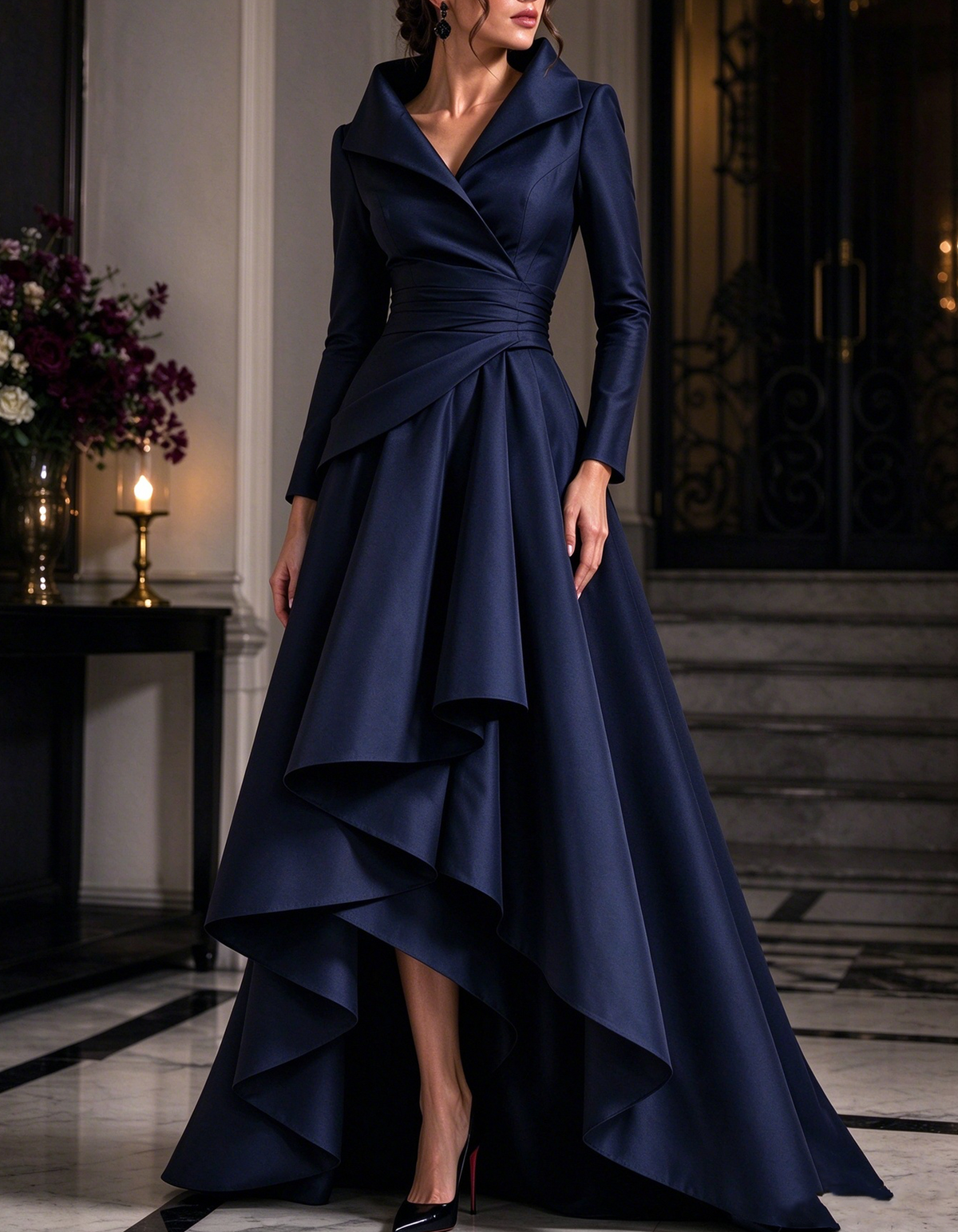 Lapel Collar Wrap Satin Long Sleeve Asymmetrical Ruffled Maxi Dress