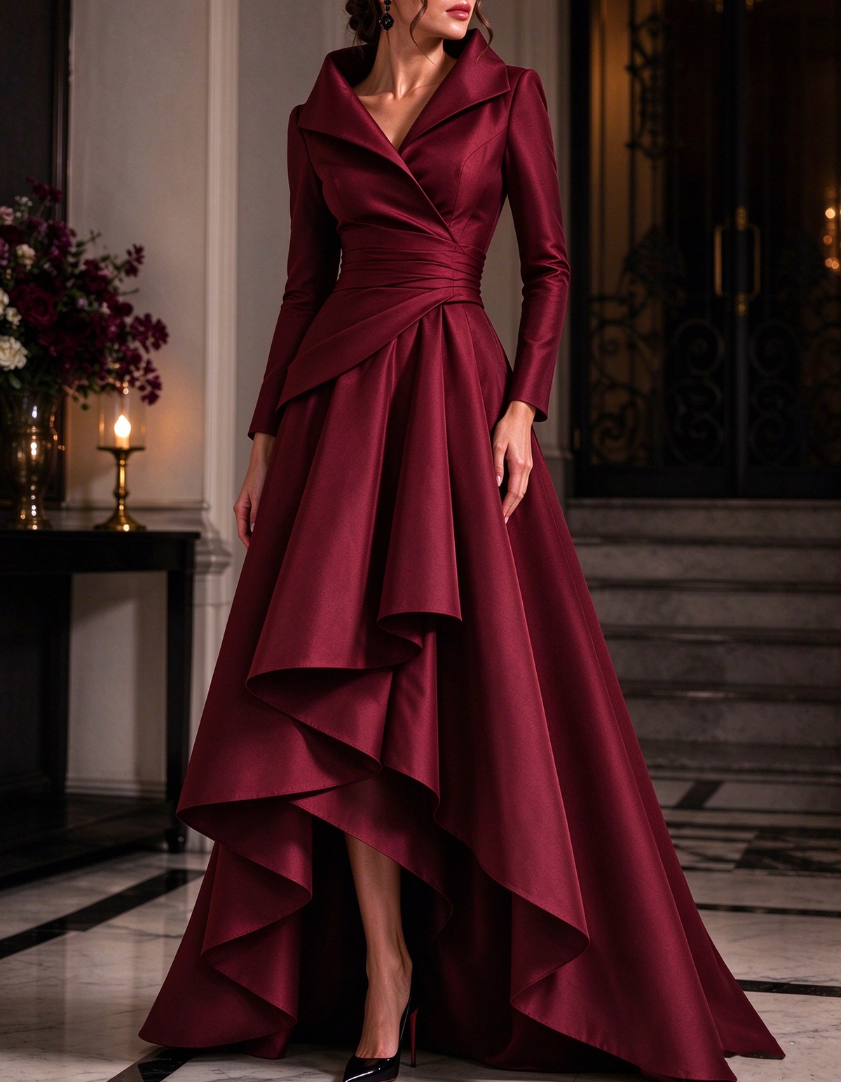 Lapel Collar Wrap Satin Long Sleeve Asymmetrical Ruffled Maxi Dress