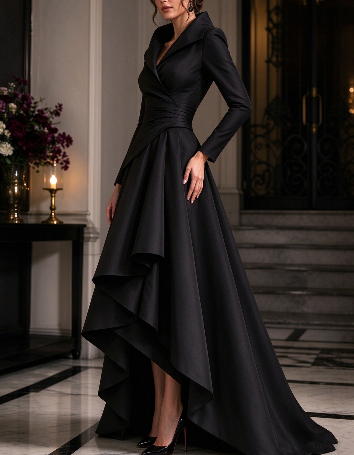 Lapel Collar Wrap Satin Long Sleeve Asymmetrical Ruffled Maxi Dress