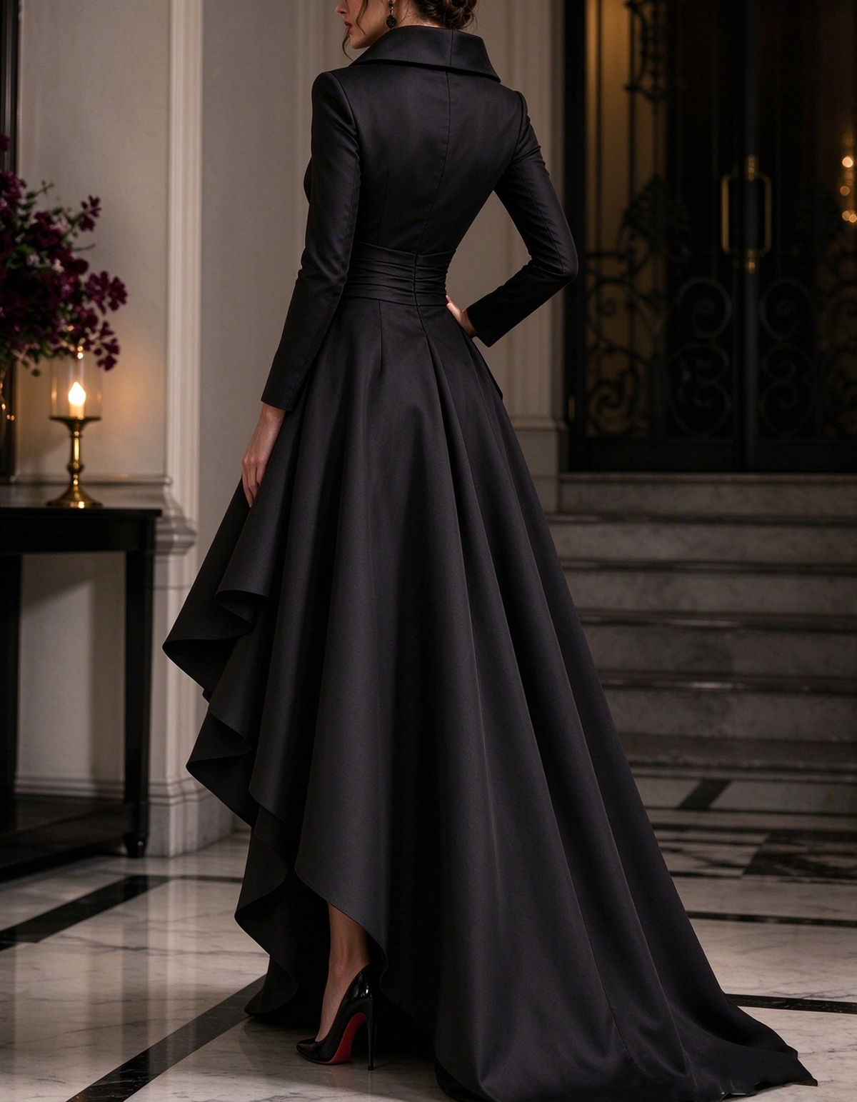 Lapel Collar Wrap Satin Long Sleeve Asymmetrical Ruffled Maxi Dress