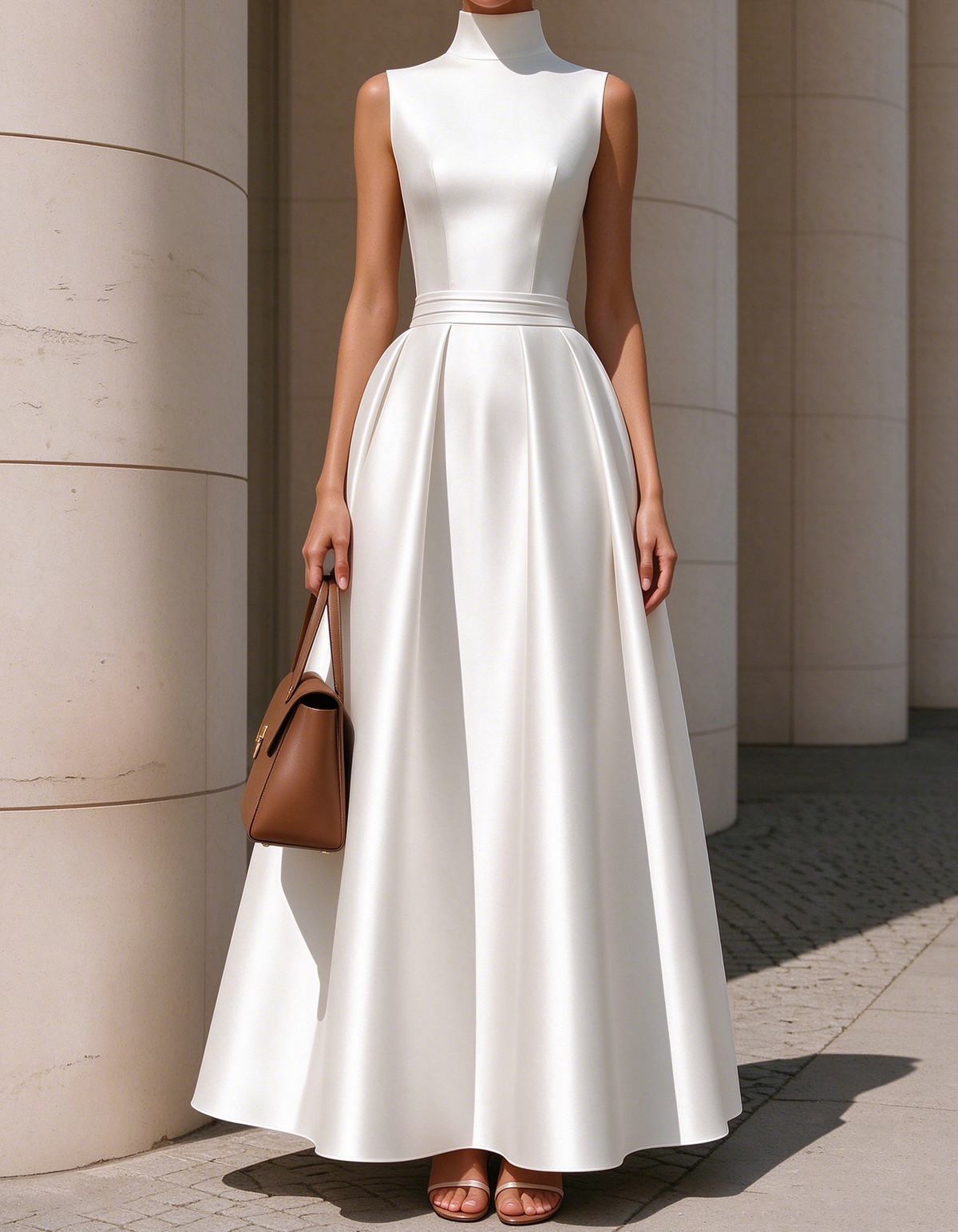 Sleeveless High Neck Satin Pleated A-Line Maxi Dress