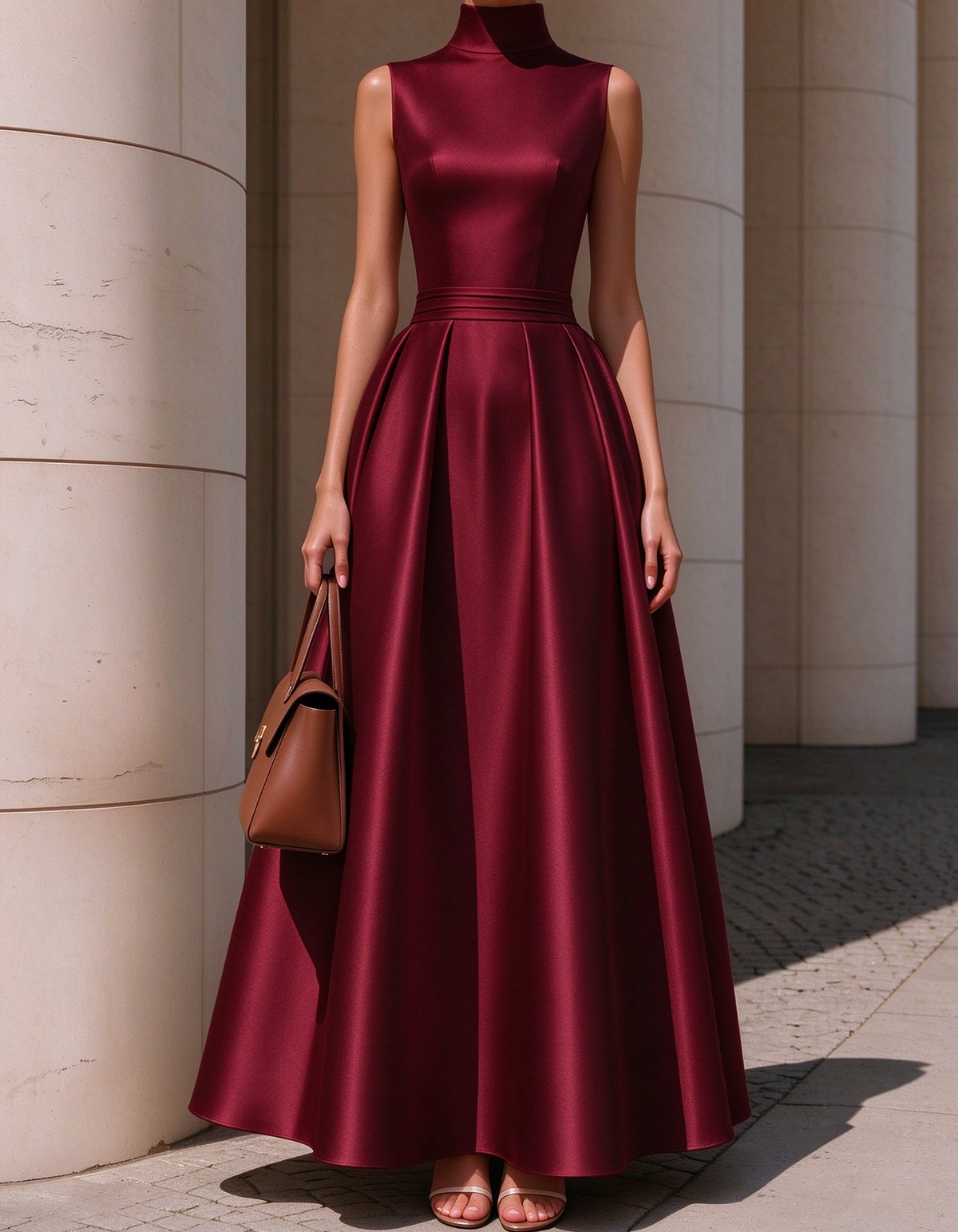 Sleeveless High Neck Satin Pleated A-Line Maxi Dress