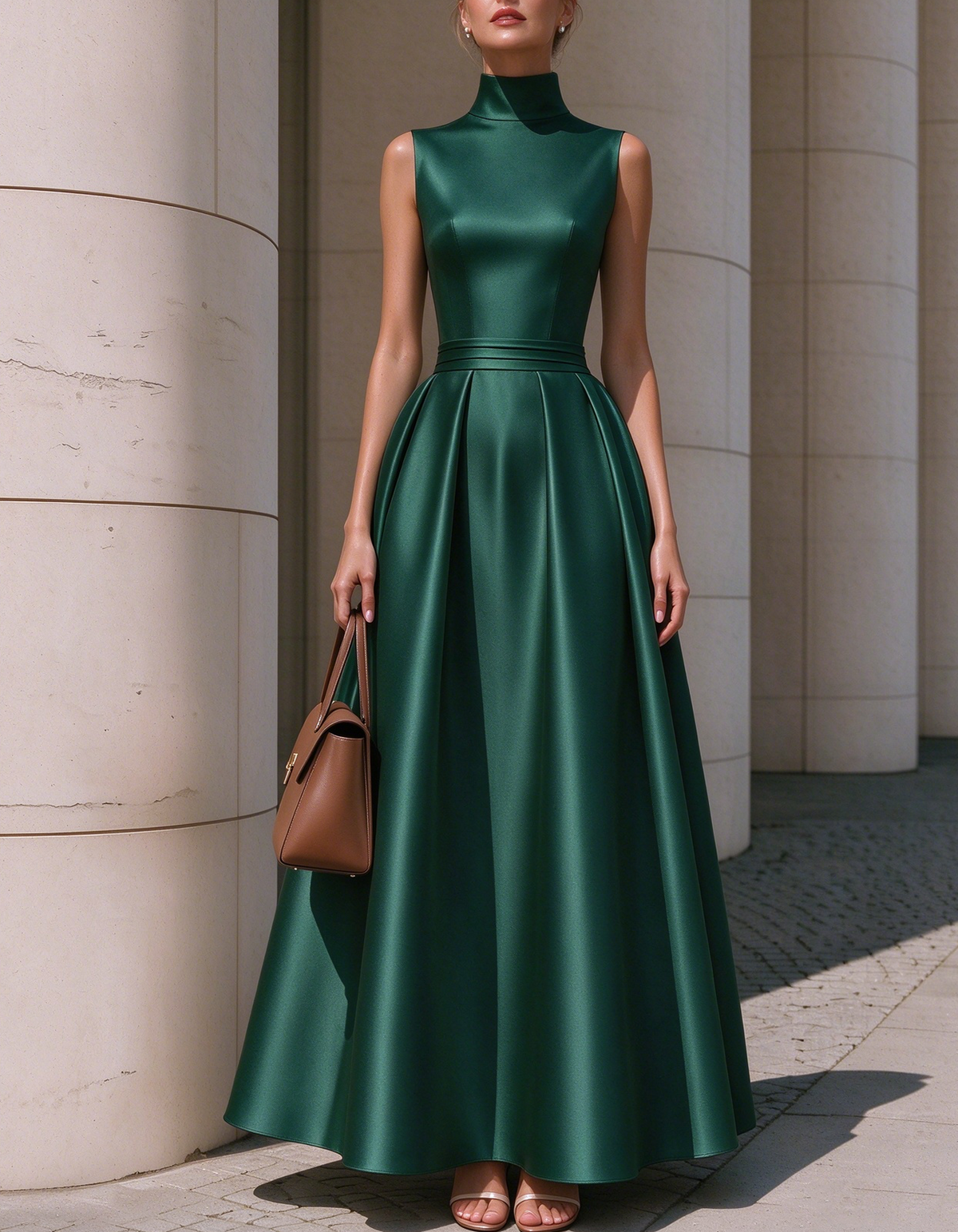 Sleeveless High Neck Satin Pleated A-Line Maxi Dress