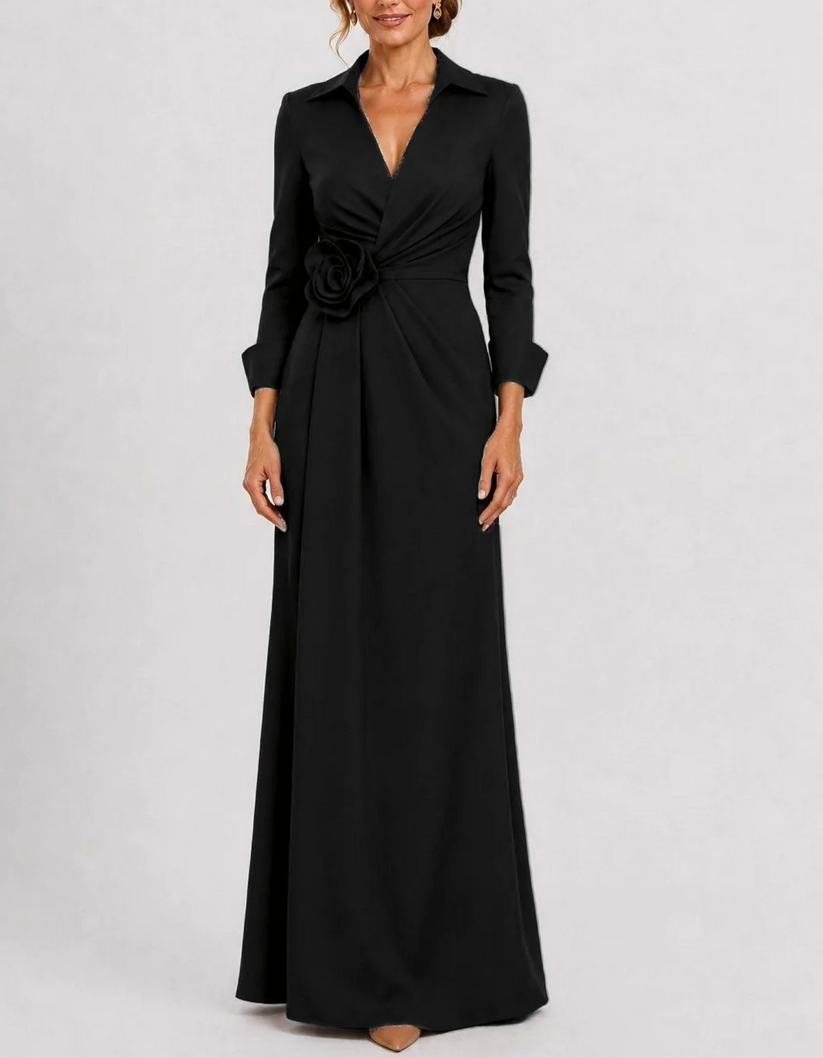 Collared Wrap Long Sleeve 3D Rose Waist Maxi Dress