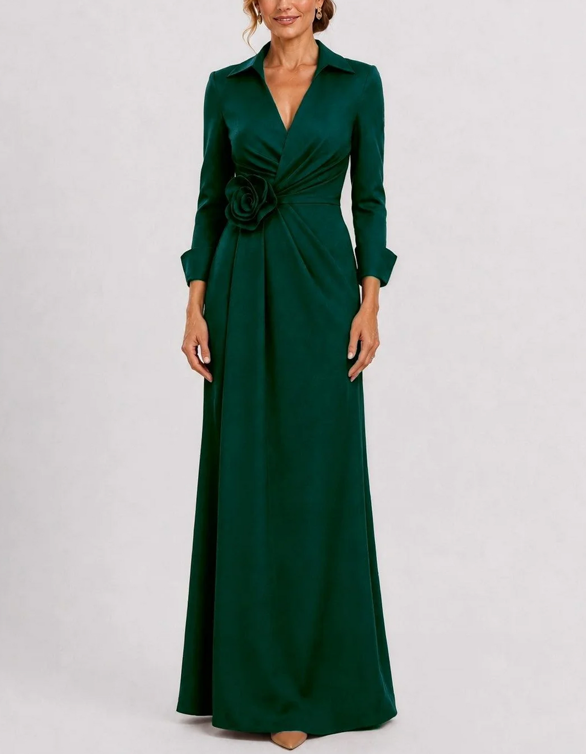 Collared Wrap Long Sleeve 3D Rose Waist Maxi Dress