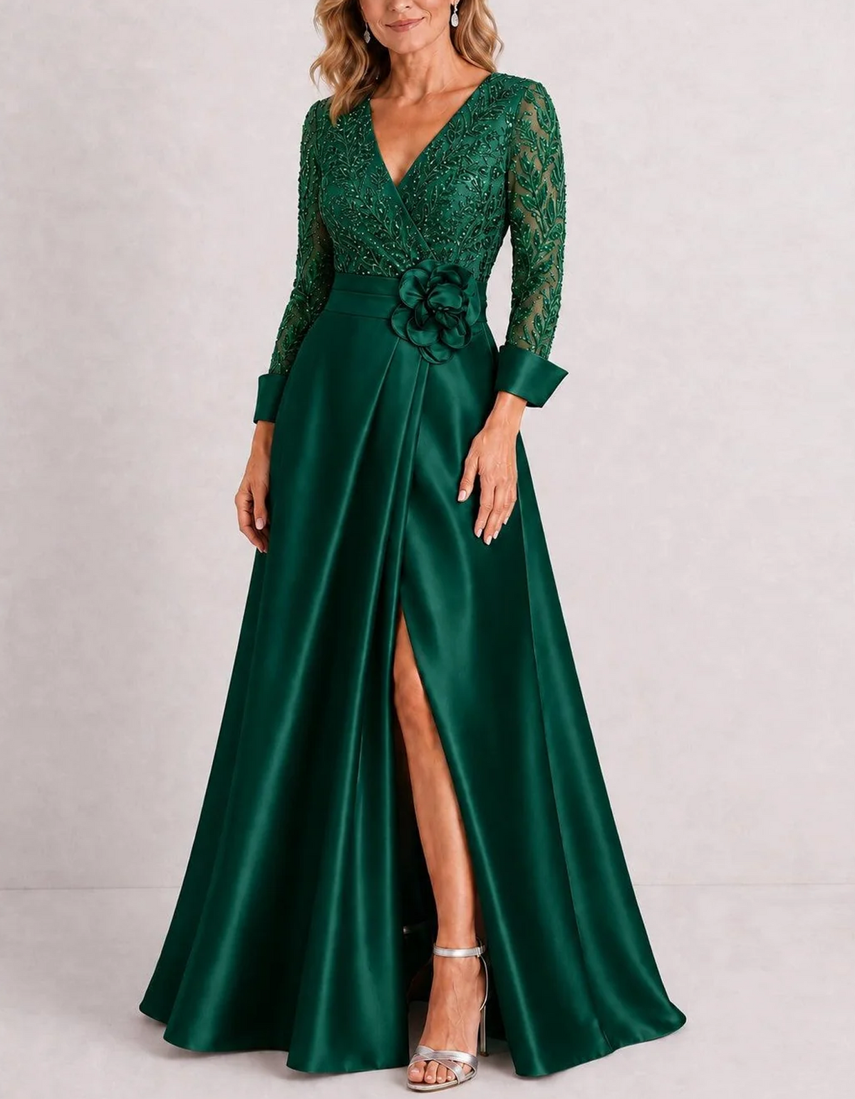 V Neck Wrap Satin With 3D Rose & Front Slit Maxi Dress