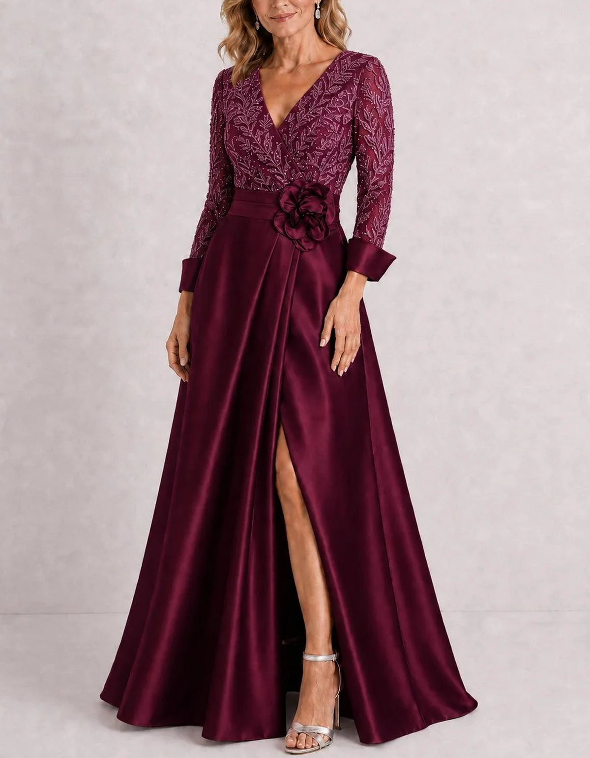 V Neck Wrap Satin With 3D Rose & Front Slit Maxi Dress