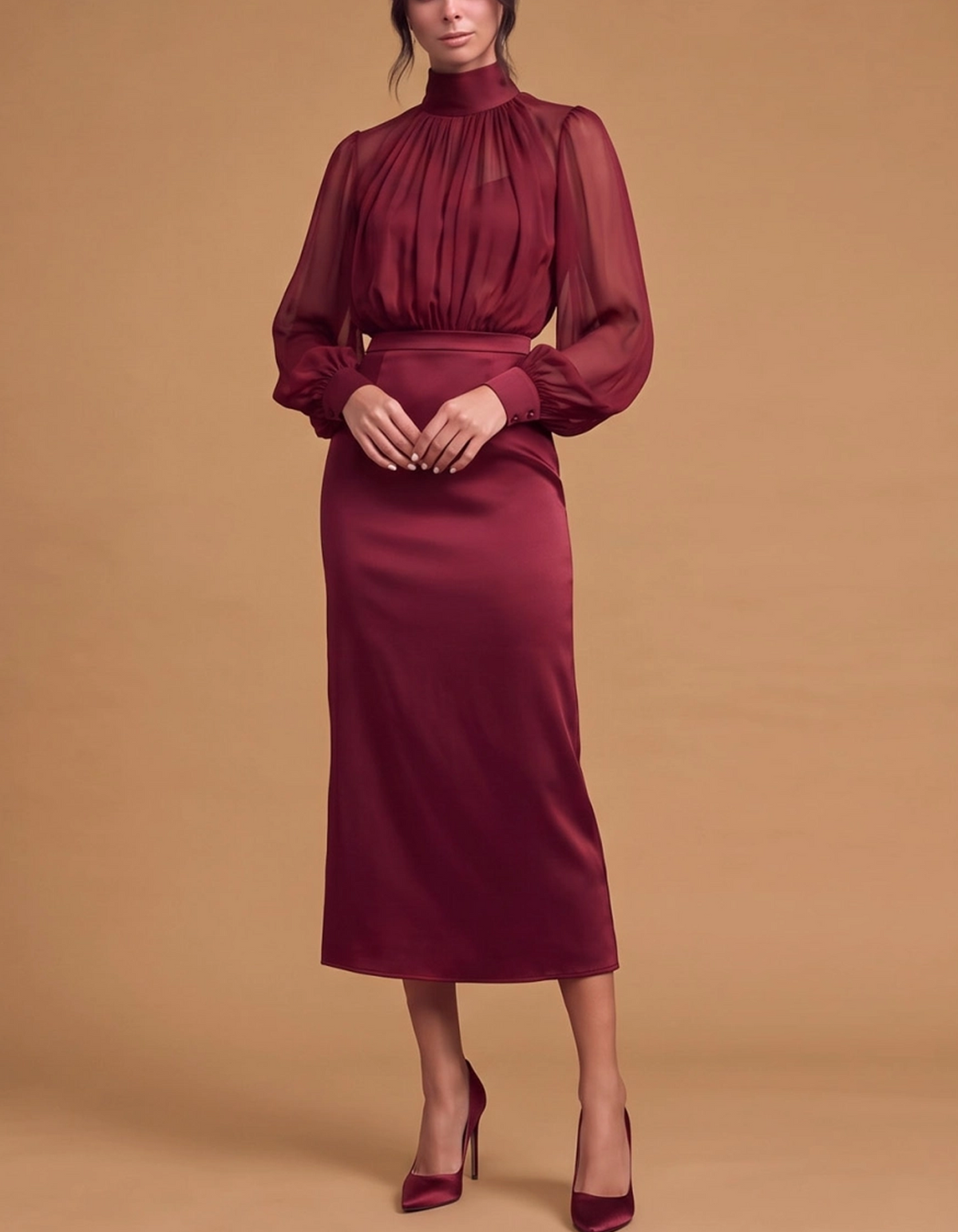 High Neck Sheer Bishop Sleeve Chiffon & Satin Midi Dress