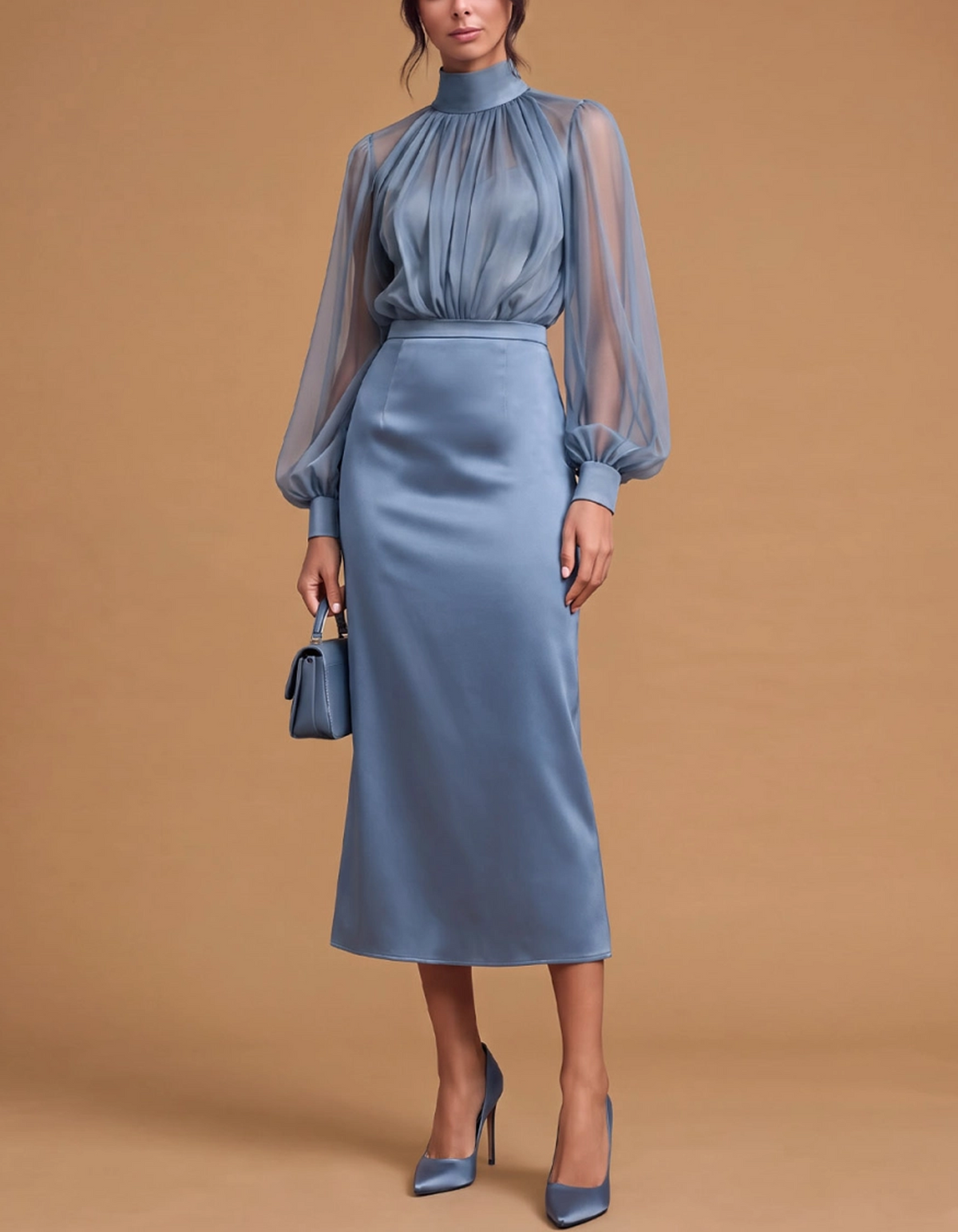 High Neck Sheer Bishop Sleeve Chiffon & Satin Midi Dress