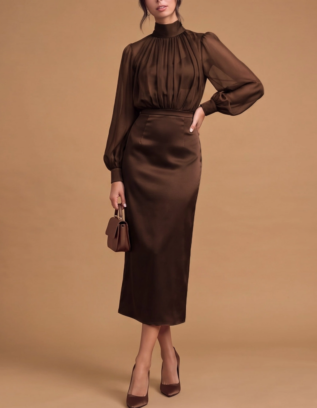 High Neck Sheer Bishop Sleeve Chiffon & Satin Midi Dress