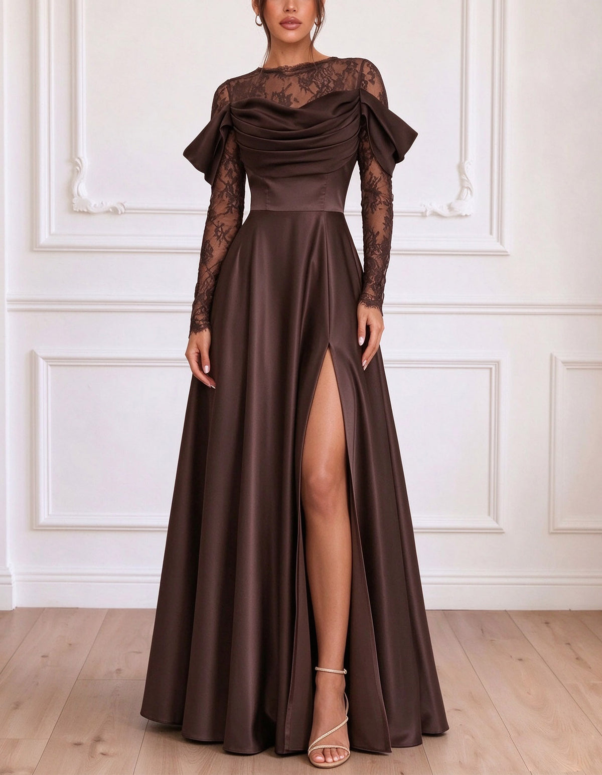 Coffee Colored Floral Lace Long Sleeve And Satin Maxi Dress