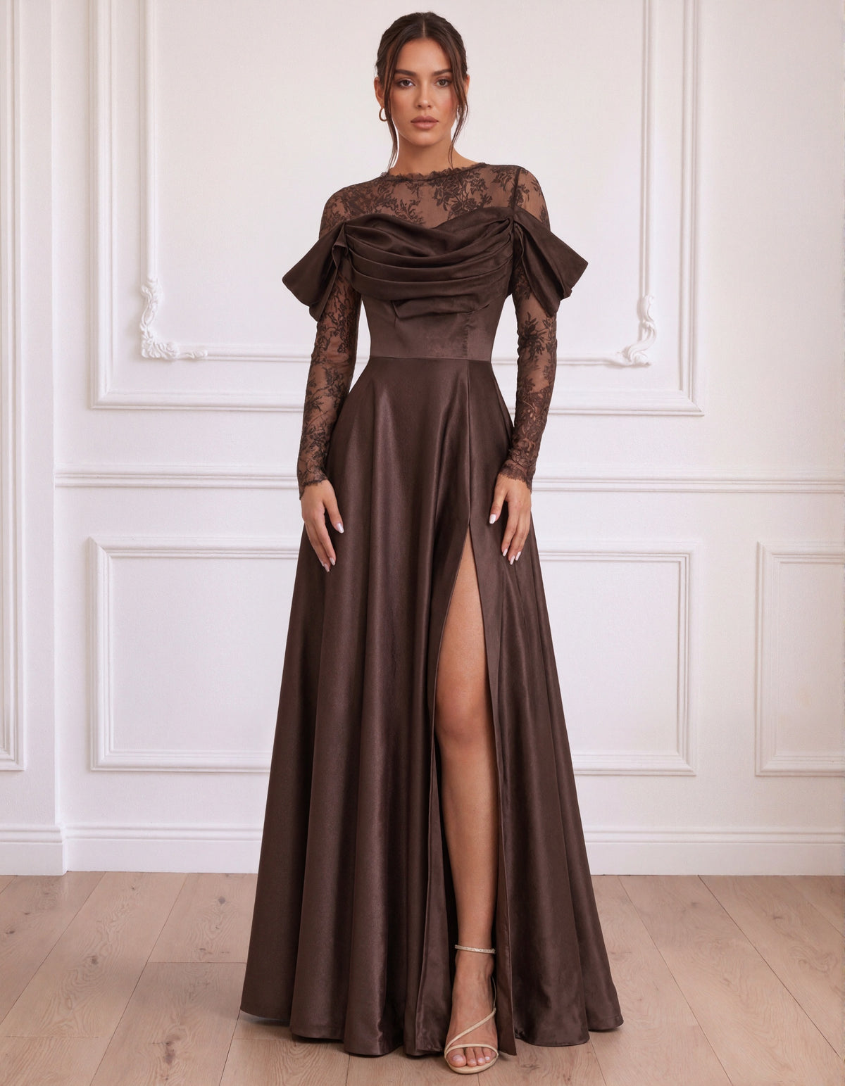 Coffee Colored Floral Lace Long Sleeve And Satin Maxi Dress