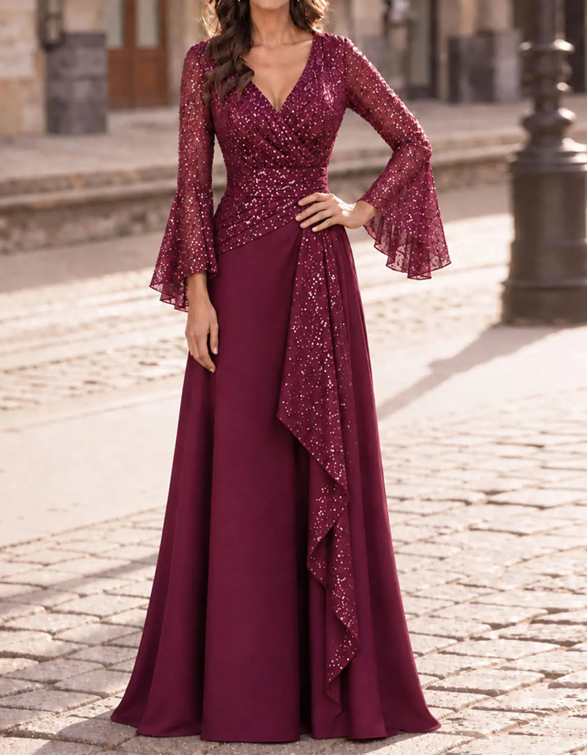 Burgundy V-Neck Sequin Mesh Maxi Dress