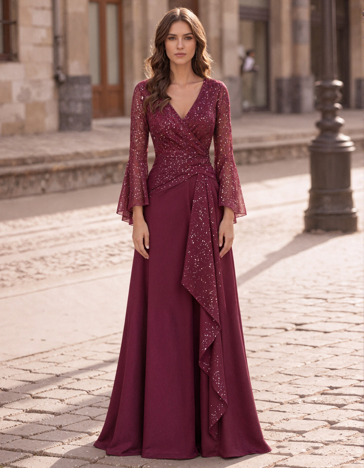 Burgundy V-Neck Sequin Mesh Maxi Dress
