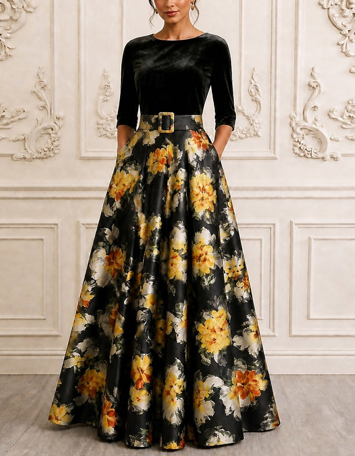 Black Velvet Spliced With Printed Satin Maxi Dress