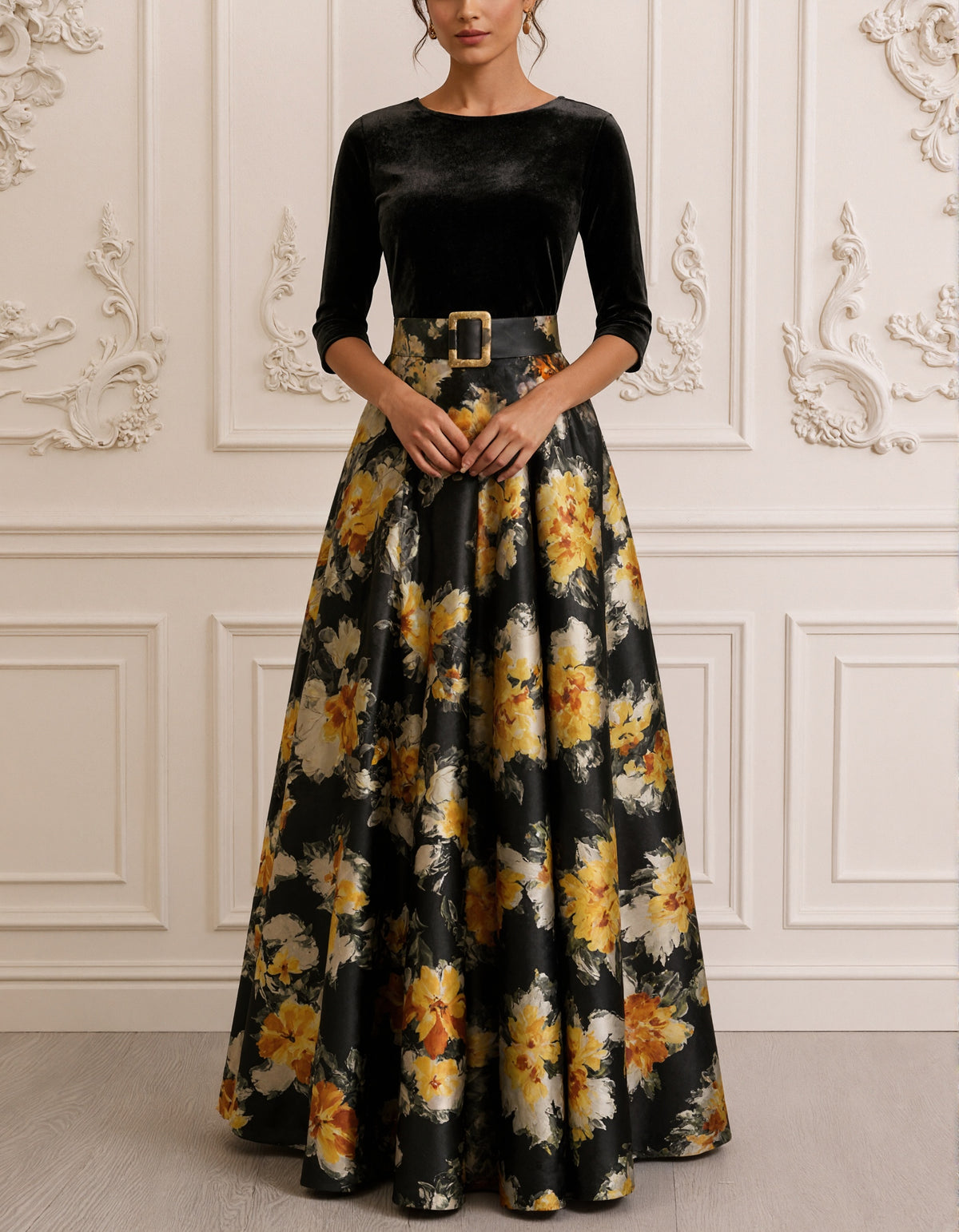 Black Velvet Spliced With Printed Satin Maxi Dress