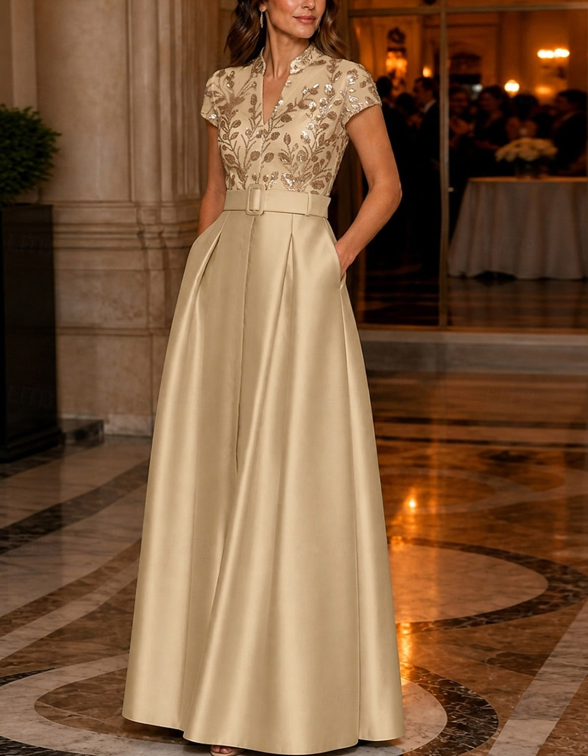 Solid Color Satin With A Stand Collar And Sequin Paneling Maxi Dress