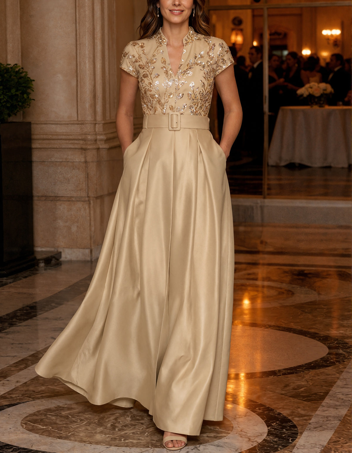 Solid Color Satin With A Stand Collar And Sequin Paneling Maxi Dress